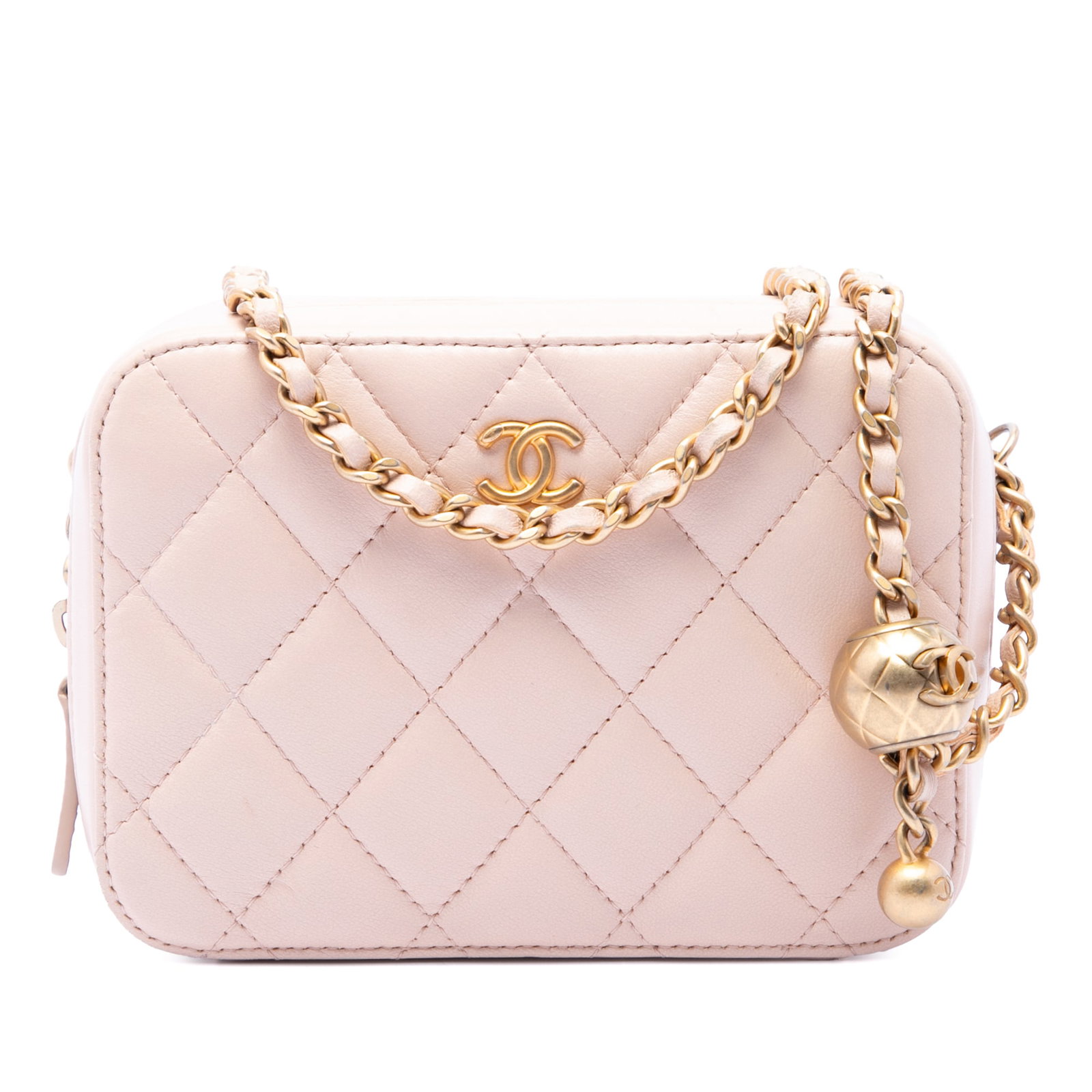 Chanel Pearl Crush CC Quilted Lambskin Camera Crossbody Bag: Chanel Pearl Crush CC Quilted Lambskin Camera Crossbody Bag A Chanel CC Quilted Lambskin Pearl Crush Camera Bag in pink lambskin leather. This crossbody bag features a quilted body, a leather-woven ch