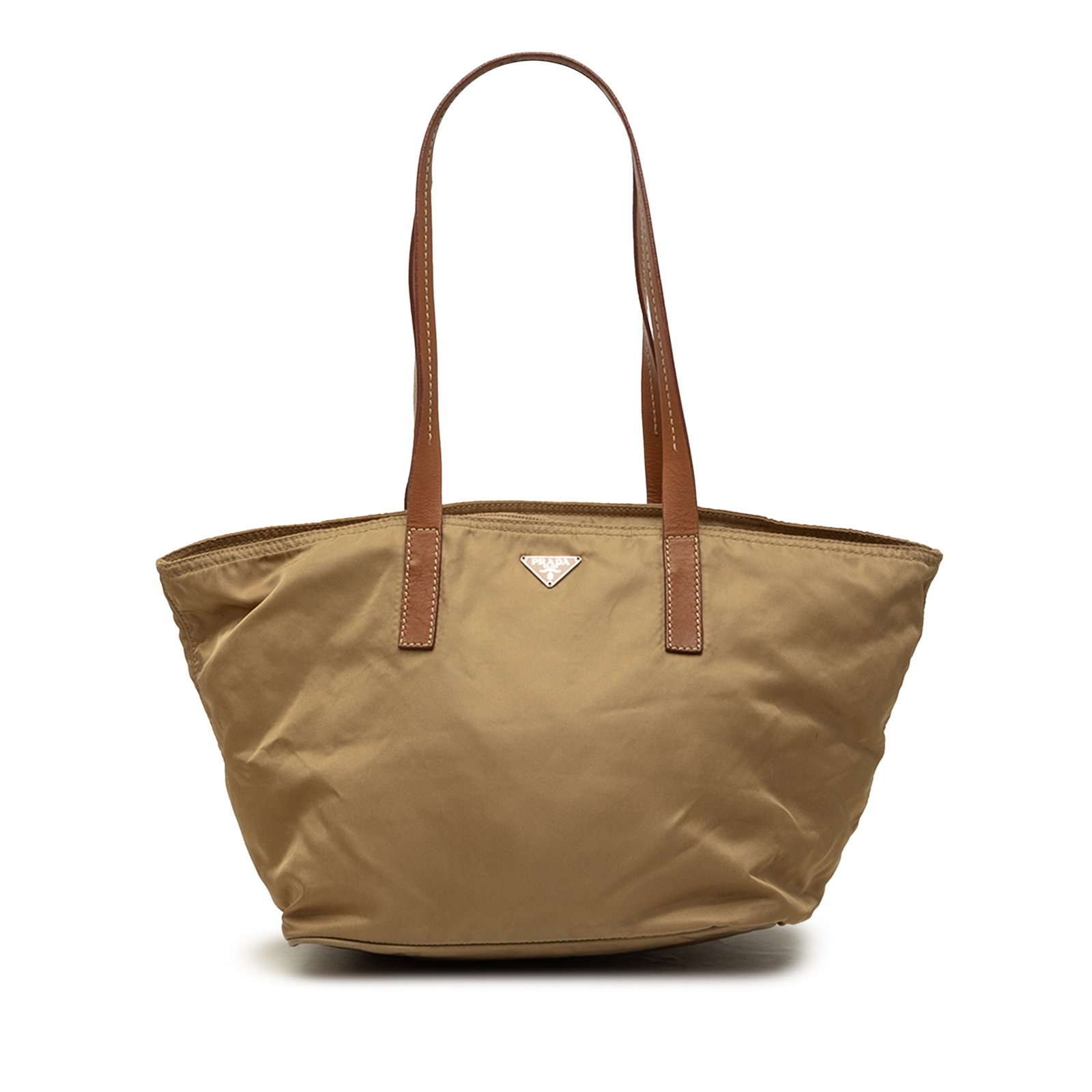 Prada Tessuto Tote Bag Brown Nylon Leather Handles: Prada Tessuto Tote Bag Brown Nylon Leather Handles Prada Tessuto Tote in brown with a nylon body, flat leather handles, top zip closure, and an interior zip pocket. Made in Italy. Condition B with vis