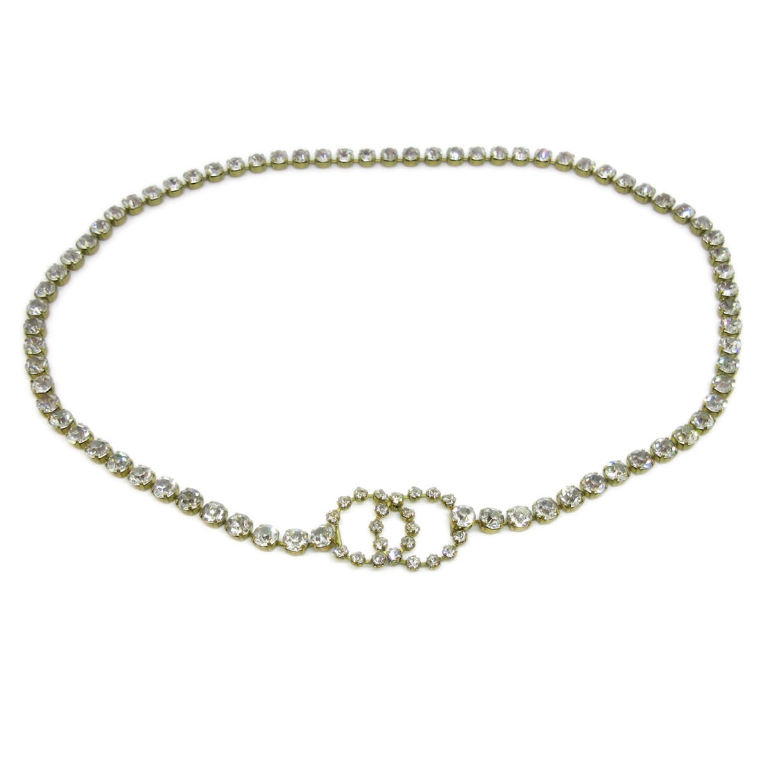 Chanel 95P Adjustable Gold Tone Chain Belt with Rhinestone CC Charm: Chanel 95P Adjustable Gold Tone Chain Belt with Rhinestone CC Charm Gold-tone Chanel chain belt with rhinestone accents, presented in an adjustable size and made in France. The piece is described as a