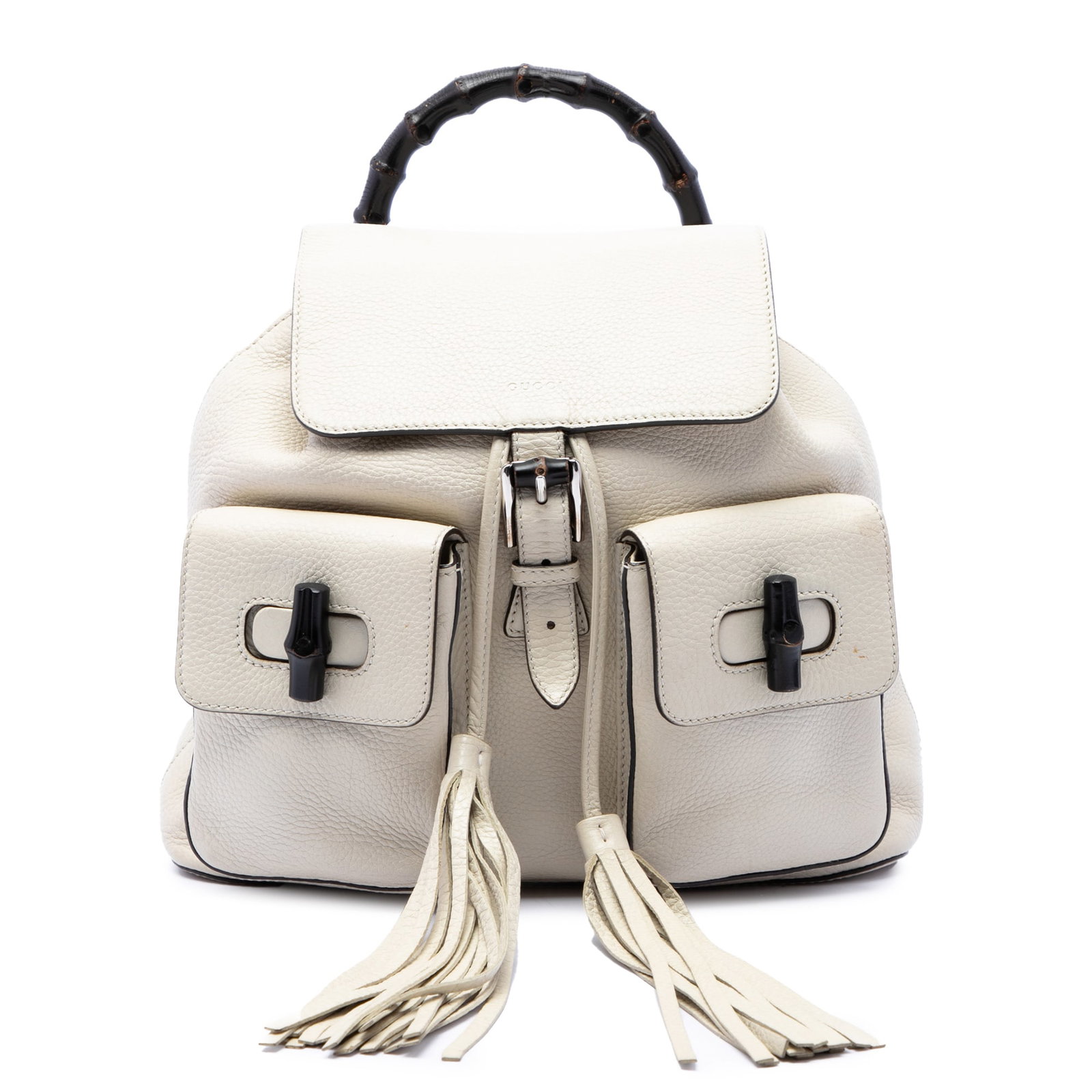 Gucci Bamboo Tassel Calfskin Backpack with Drawstring: Gucci Bamboo Tassel Calfskin Backpack with Drawstring A Gucci large drawstring backpack crafted in white calfskin leather with signature bamboo accents. It features a bamboo top handle, adjustable fla