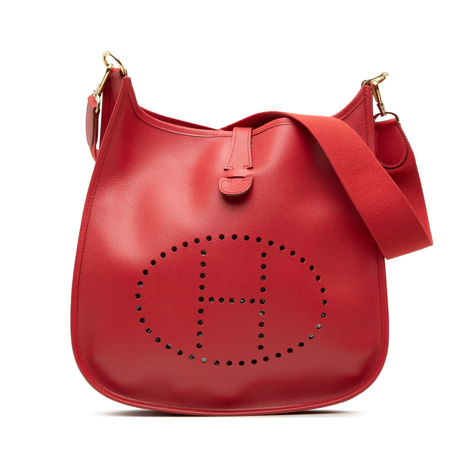 Hermes Evelyne I 33 Courchevel Leather Shoulder Bag Red: Hermes Evelyne I 33 Courchevel Leather Shoulder Bag Red Hermes Evelyne I 33 shoulder bag in red Courchevel leather with a detachable flat canvas strap and top strap with snap button closure. Made in F