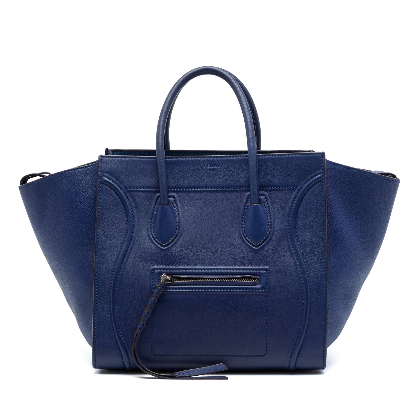 Celine Phantom Luggage Medium Grained Calfskin Leather Tote Blue: Celine Phantom Luggage Medium Grained Calfskin Leather Tote Blue A Celine Medium Phantom Luggage Tote in blue grained calfskin leather. This tote features a structured leather body, rolled leather han