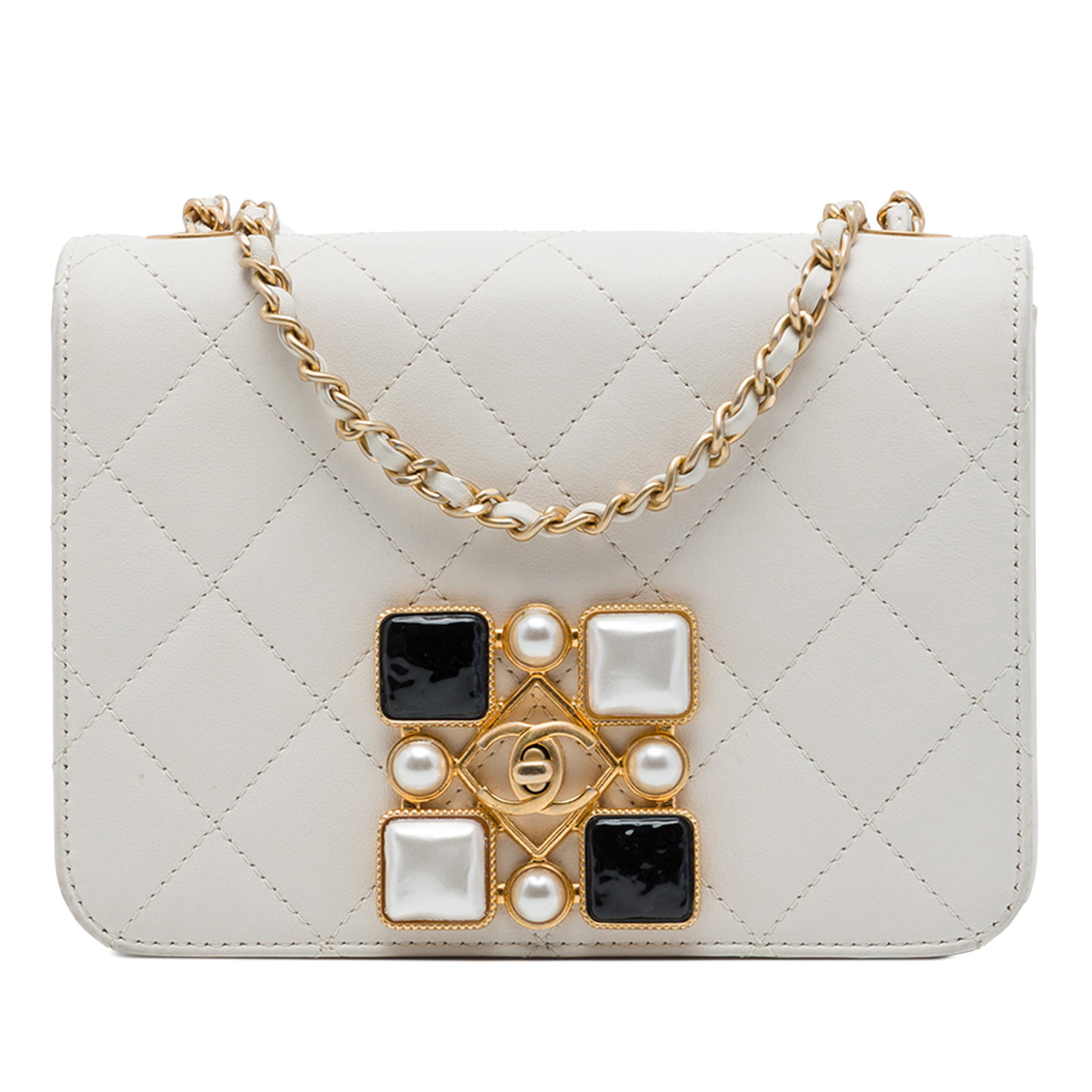 Chanel Small CC Full Flap White Quilted Calfskin Bag: Chanel Small CC Full Flap White Quilted Calfskin Bag Small Chanel full flap bag crafted in white quilted calfskin with crystal and pearl embellishments on the front flap. It features a leather-woven c