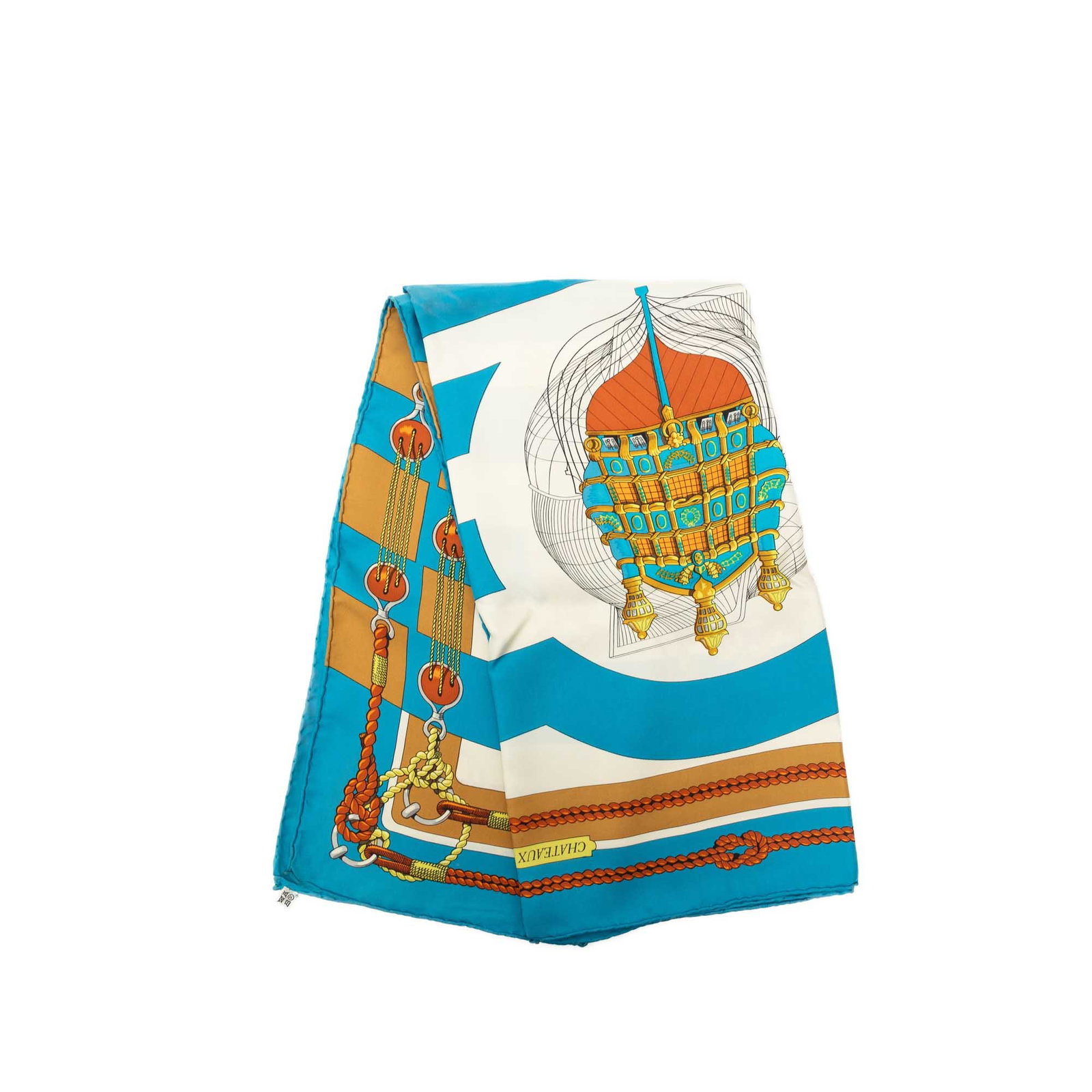 Hermes Chateaux D Arriere 90 Blue Silk Scarf: Hermes Chateaux D Arriere 90 Blue Silk Scarf Hermes Chateaux d'Arriere Silk Scarf 90 in blue, featuring the Chateaux d'Arriere print on 100% silk. Condition is AB, with staining present on both the fr
