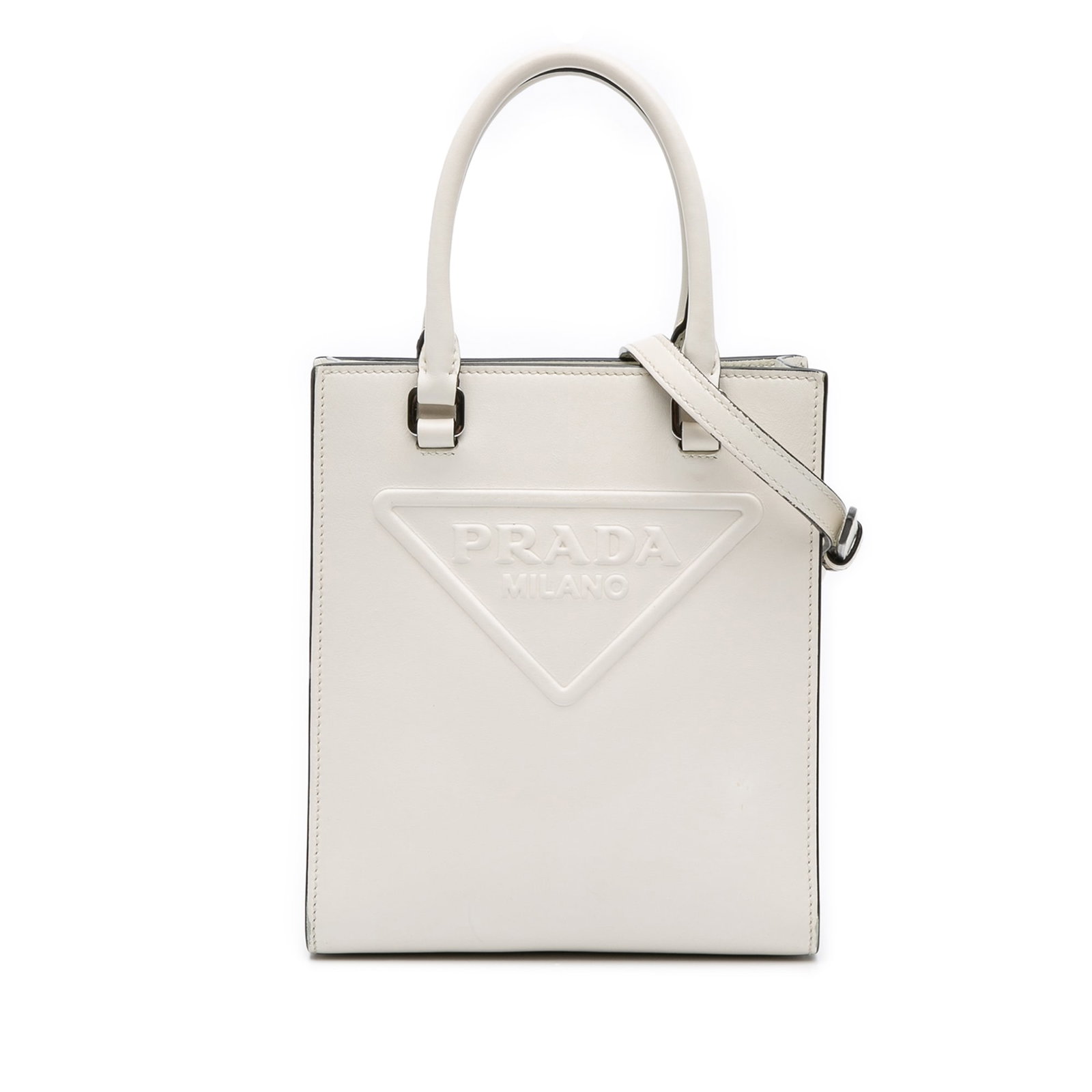 Prada Mini Soft Calf Logo Drill Satchel White Leather Bag: Prada Mini Soft Calf Logo Drill Satchel White Leather Bag Introducing the Prada Mini Soft Calf Logo Drill Satchel, an elegant accessory crafted from high-quality leather. This stylish satchel features