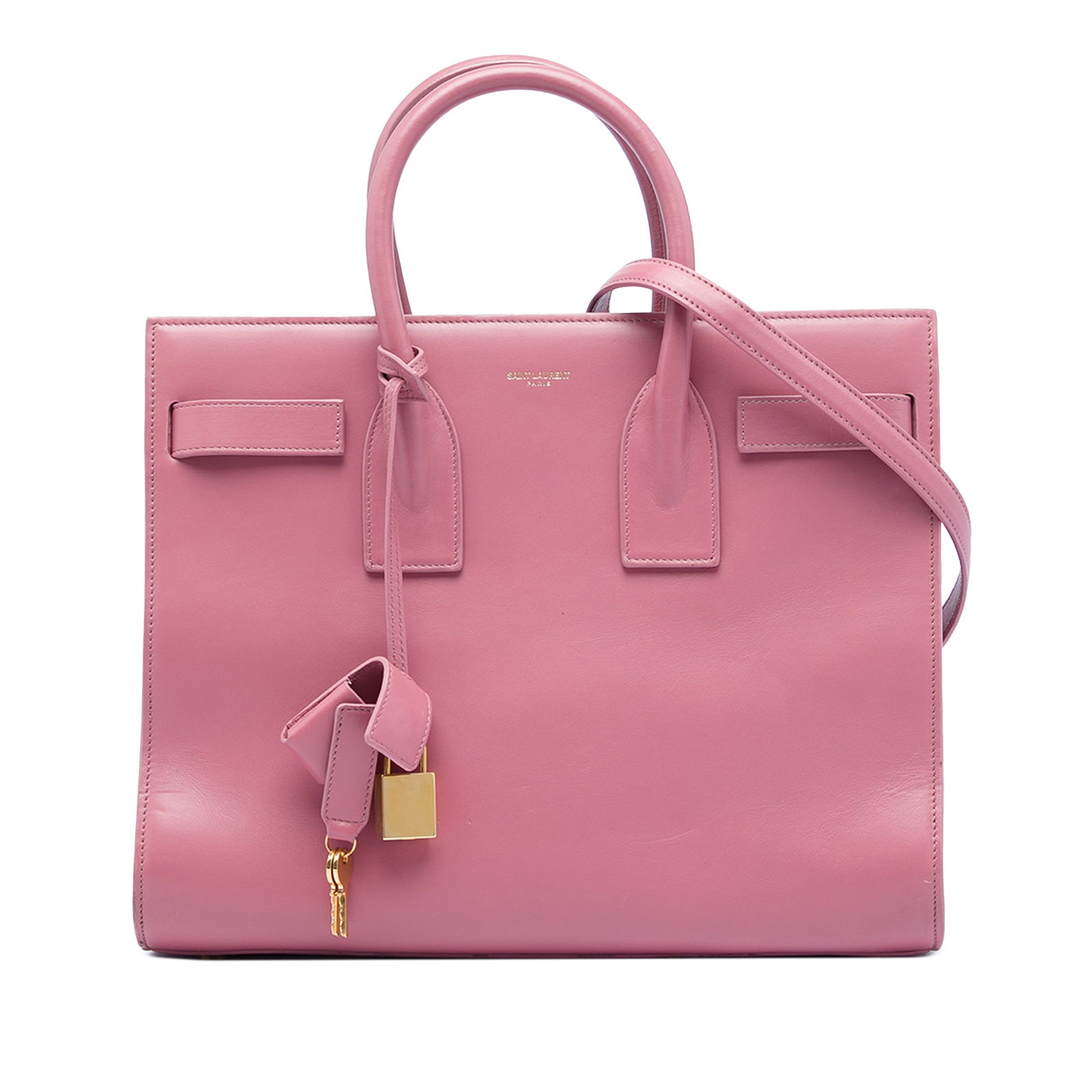Saint Laurent Sac de Jour Small Pink Leather Satchel: Saint Laurent Sac de Jour Small Pink Leather Satchel A Saint Laurent Small Sac de Jour satchel crafted in pink leather with rolled top handles and a detachable flat leather strap. The interior include