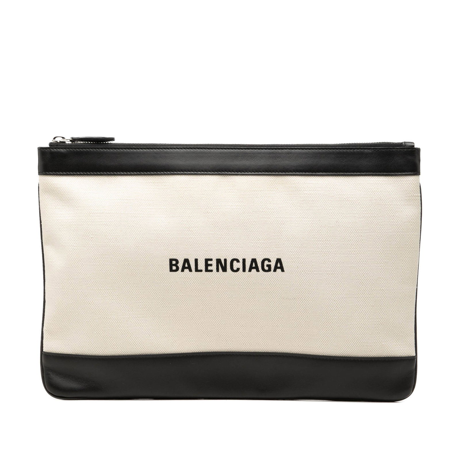 Balenciaga Navy Clip M canvas clutch with leather trim: Balenciaga Navy Clip M canvas clutch with leather trim Balenciaga Canvas Navy Clip Clutch M with a canvas body, leather trim, top zip closure, and an interior slip pocket. Made in Italy. Condition is 