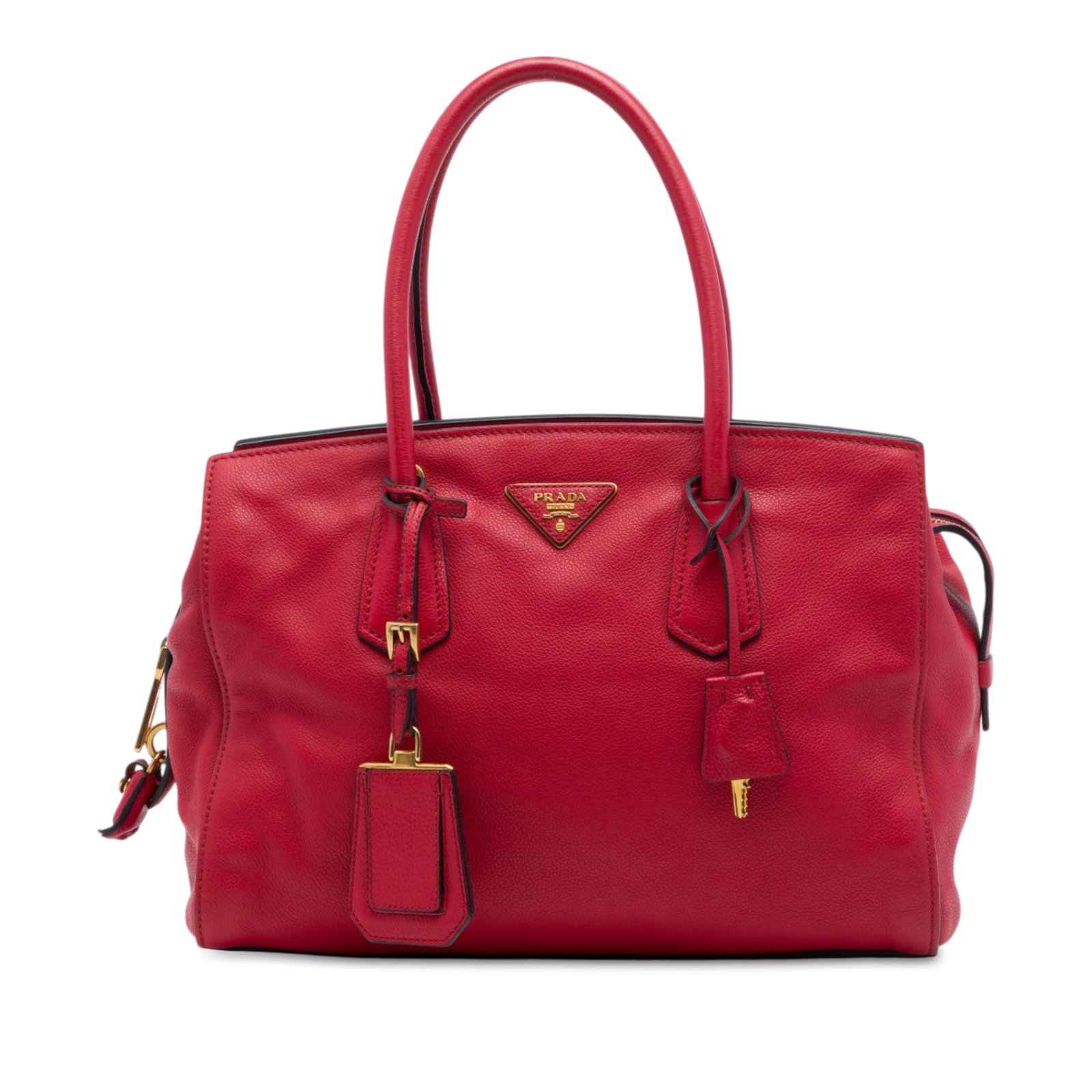 Prada Vitello Daino Leather Satchel Zip Top Convertible Tote: Prada Vitello Daino Leather Satchel Zip Top Convertible Tote A Prada Vitello Daino Zip Top Convertible Tote in red leather with rolled leather handles, a top zip closure, and an interior fitted with z