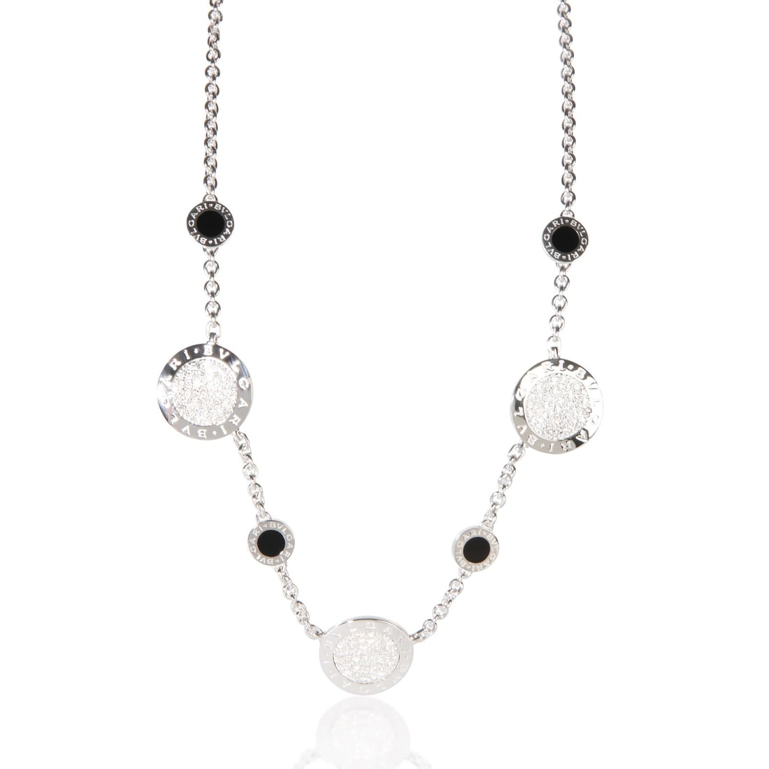 BVLGARI Bvlgari Circle Station Necklace 18k White Gold Onyx Diamond: BVLGARI Bvlgari Circle Station Necklace 18k White Gold Onyx Diamond Elegant and distinctive, this BVLGARI Circle Station necklace is crafted in 18k white gold and features onyx accented with diamonds.