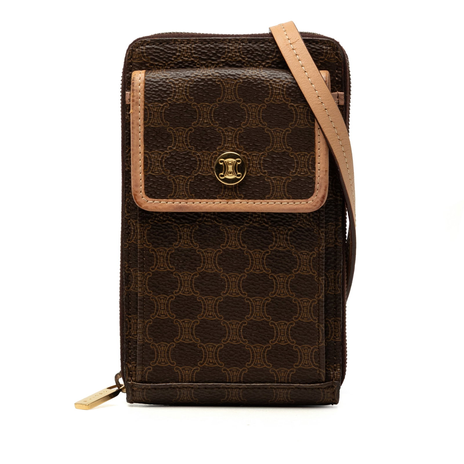 Celine Macadam crossbody wallet in coated canvas with leather strap: Celine Macadam crossbody wallet in coated canvas with leather strap A compact Celine Macadam wallet with strap in brown coated canvas. This piece features a detachable flat leather strap, zip-around c