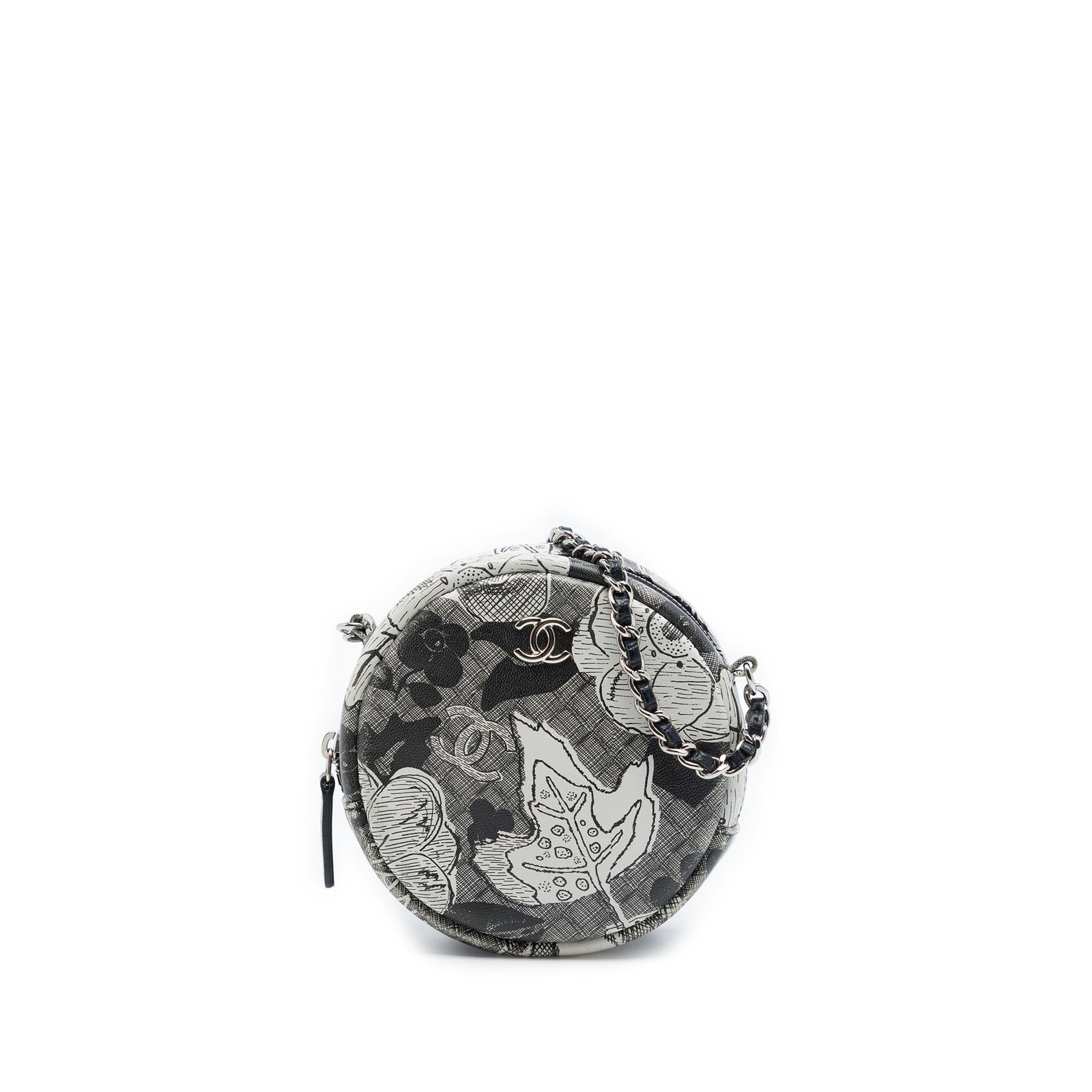 Chanel CC Floral Round Calfskin Chain Crossbody Bag: Chanel CC Floral Round Calfskin Chain Crossbody Bag Round Chanel crossbody clutch in black printed calfskin with floral detailing. The bag features a leather-woven chain strap, zip-around closure, and
