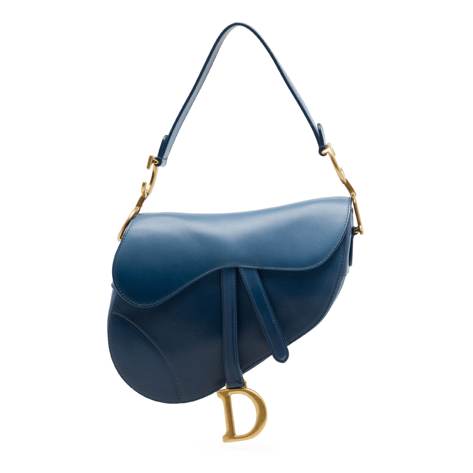 Dior Saddle Bag in Blue Gradient Calfskin Leather: Dior Saddle Bag in Blue Gradient Calfskin Leather Dior Saddle bag in blue gradient calfskin with a flat leather shoulder strap, front flap with magnetic closure, and an interior zip pocket. Made in It