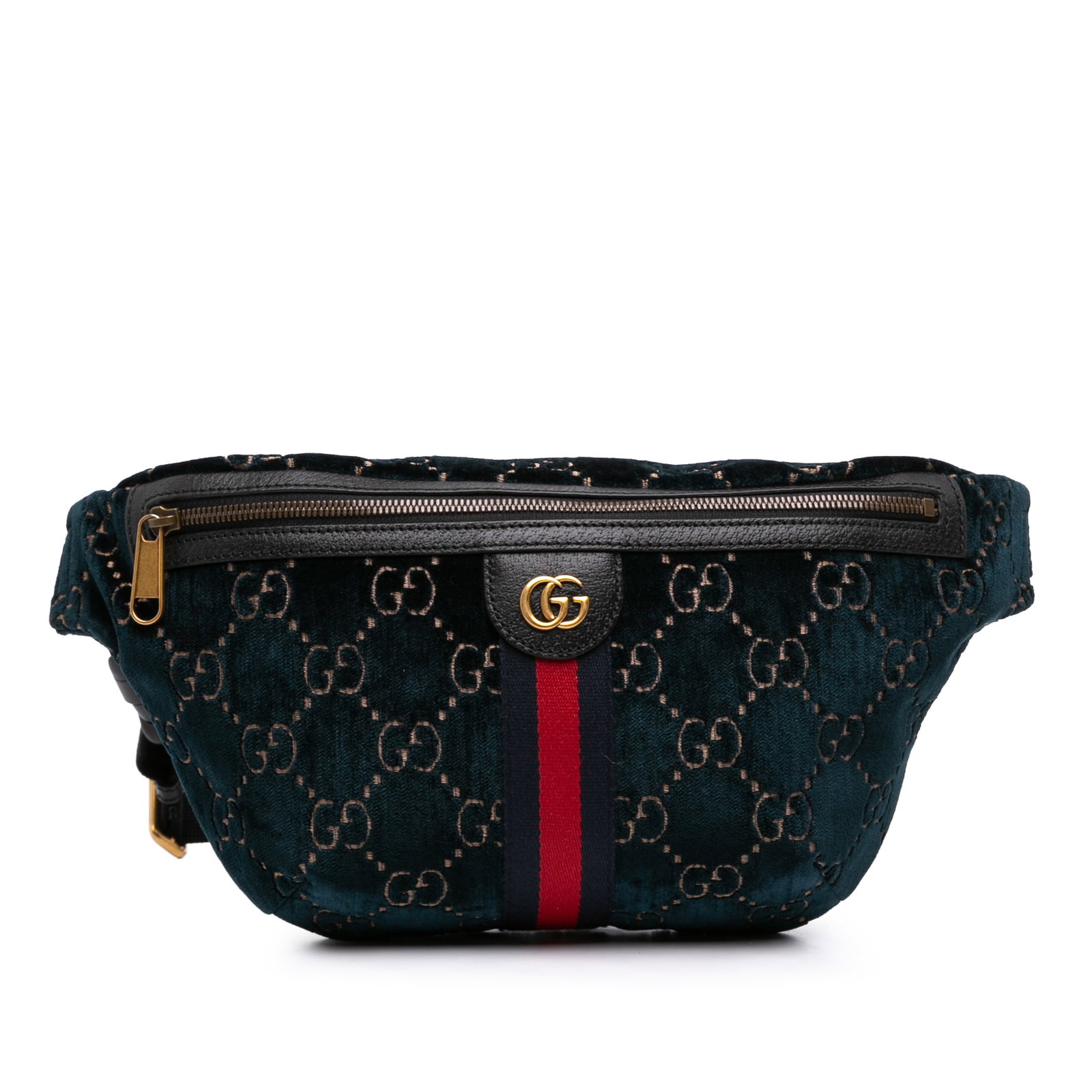 Gucci Ophidia blue velvet belt bag with leather trim: Gucci Ophidia blue velvet belt bag with leather trim A Gucci Ophidia belt bag crafted in blue velvet with leather trim. The design features an adjustable flat waist strap and a front zip closure. Made