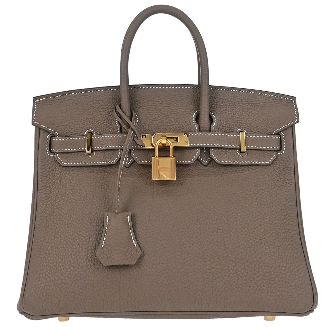 Hermes Birkin 25 Etoupe Gray Togo Leather Top Handle Bag: Hermes Birkin 25 Etoupe Gray Togo Leather Top Handle Bag Hermes Birkin 25 handbag in Etoupe Gray Togo leather, made in France. It features a top handle design with double handles, a flap turnlock clos