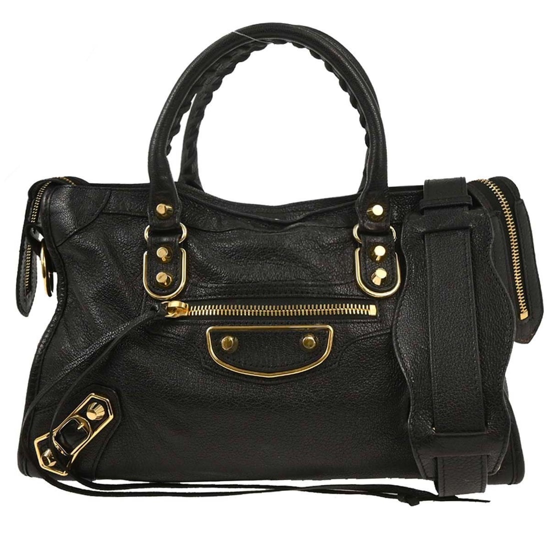 Balenciaga Small Black Leather Top Handle Bag with Shoulder Strap: Balenciaga Small Black Leather Top Handle Bag with Shoulder Strap Vintage Balenciaga City small 2-way handbag in black leather with logo accents. This women's top handle bag features inner storage poc
