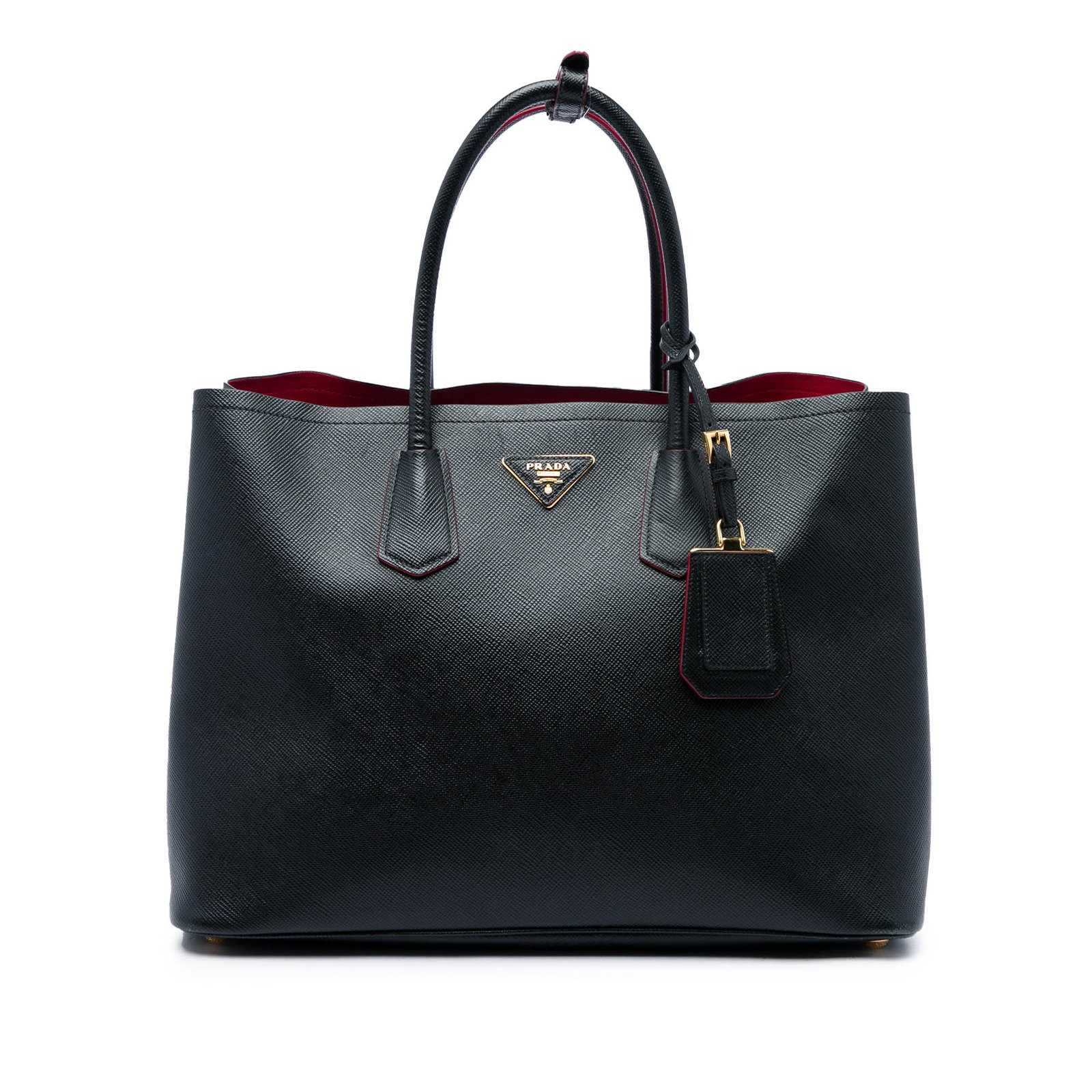 Prada Large Saffiano Cuir Double Leather Satchel Black: Prada Large Saffiano Cuir Double Leather Satchel Black Prada Large Saffiano Cuir Double Satchel in black leather with rolled leather handles, an open top with side snap button closures, and an interio