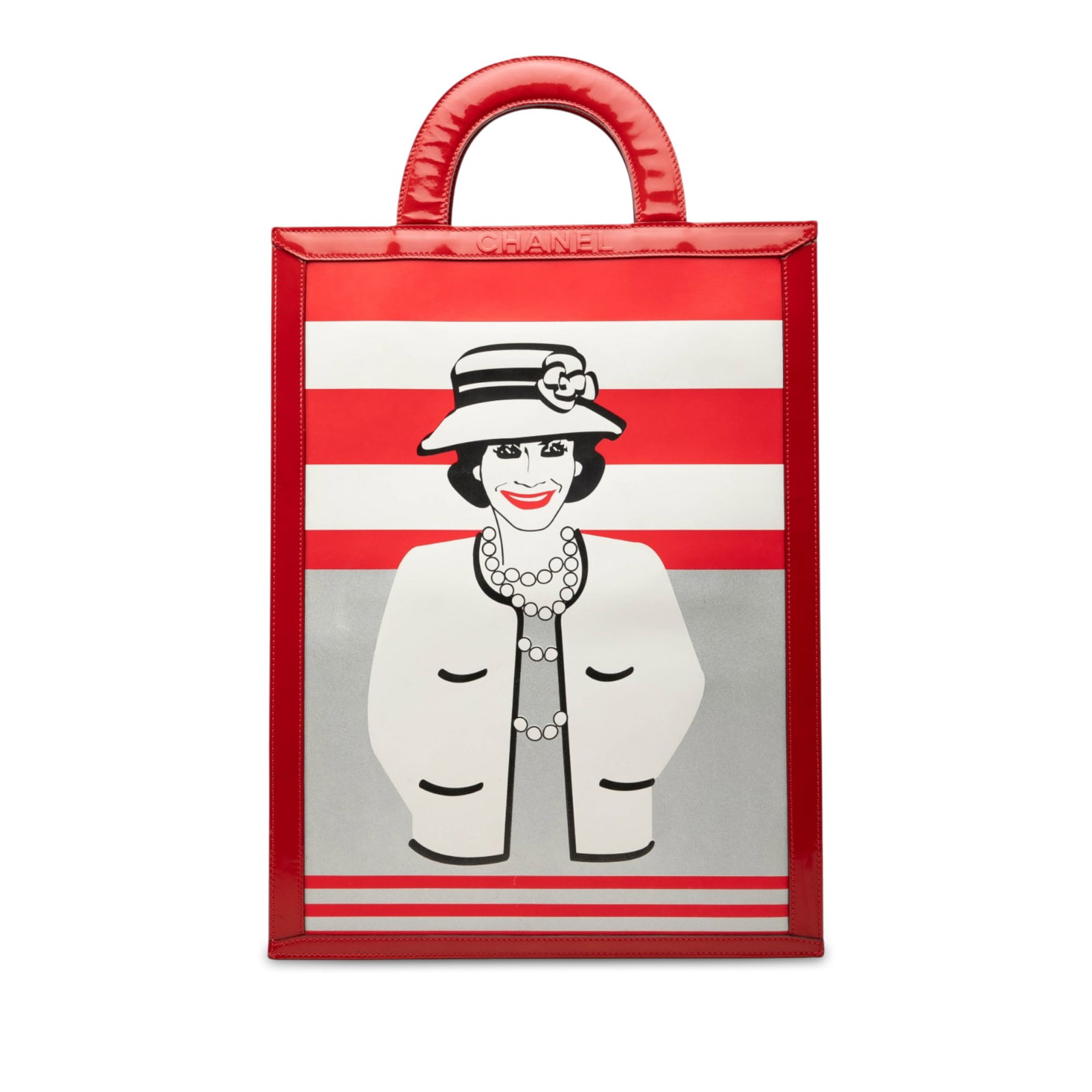 Chanel Coco Mademoiselle Choco Bar Patent Leather Tote Bag: Chanel Coco Mademoiselle Choco Bar Patent Leather Tote Bag A Chanel Coco Mademoiselle Vertical Tote in red patent leather with the signature Choco Bar design. This tote features flat leather top handl