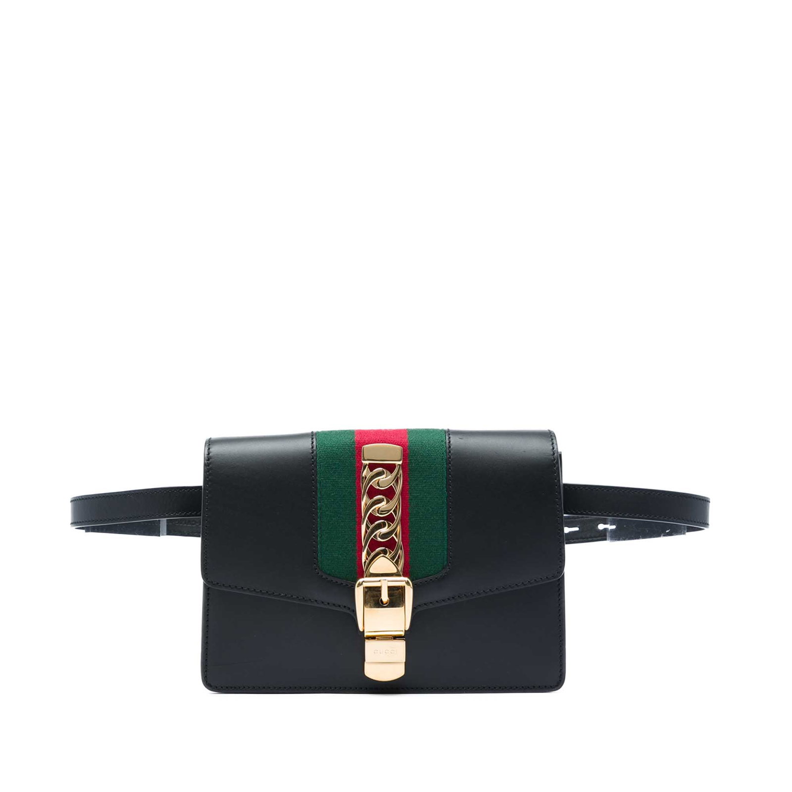 Gucci Sylvie Web Calfskin Belt Bag Black Leather: Gucci Sylvie Web Calfskin Belt Bag Black Leather Gucci Sylvie belt bag crafted in black calfskin leather with the signature web detail. The design features an adjustable flat leather waist strap, a to