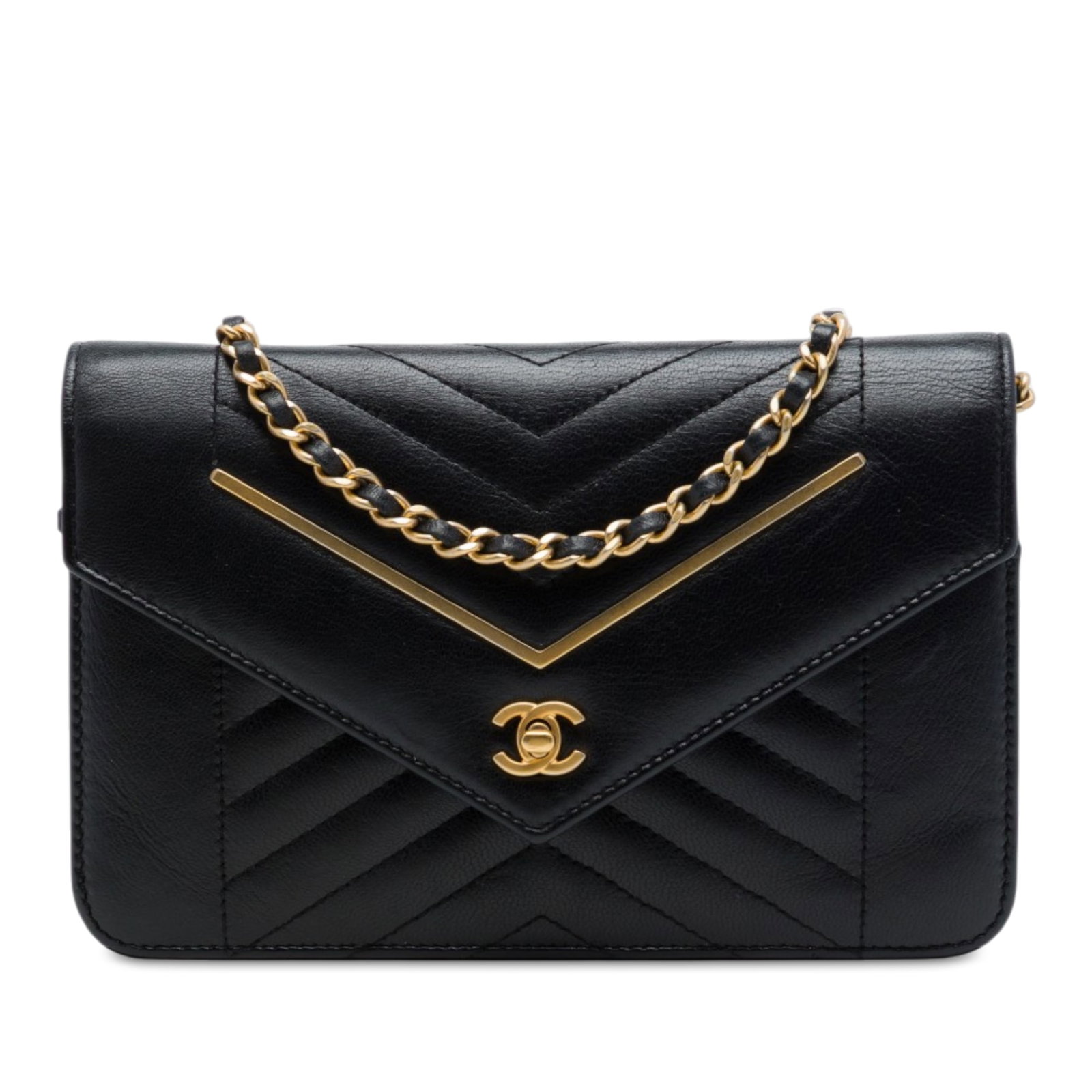 Chanel Reversed Chevron Wallet on Chain Black Lambskin Bag: Chanel Reversed Chevron Wallet on Chain Black Lambskin Bag A Chanel Reversed Chevron Wallet on Chain crafted in black chevron-quilted lambskin leather. This crossbody bag features a leather-woven chai