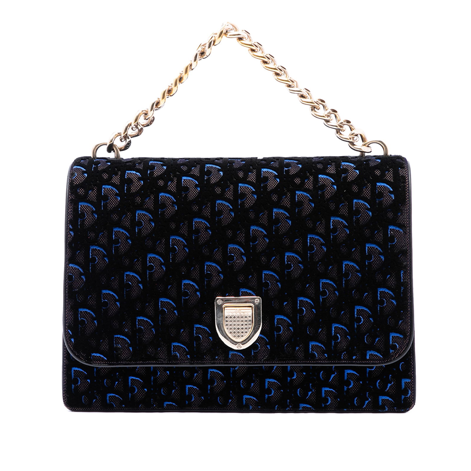 Dior Diorama Large Blue Canvas Velvet Flap Bag: Dior Diorama Large Blue Canvas Velvet Flap Bag A Dior Large Oblique Canvas and Velvet Diorama Flap bag in blue, crafted with a canvas body and velvet oblique detail. It features a chain link handle, a