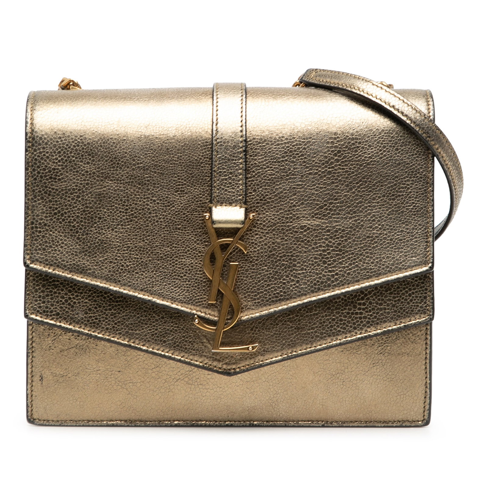 Saint Laurent Sulpice Medium Monogram Metallic Leather Crossbody Bag: Saint Laurent Sulpice Medium Monogram Metallic Leather Crossbody Bag Saint Laurent Medium Metallic Leather Monogram Sulpice Crossbody bag crafted in metallic leather. It features a curb chain link str