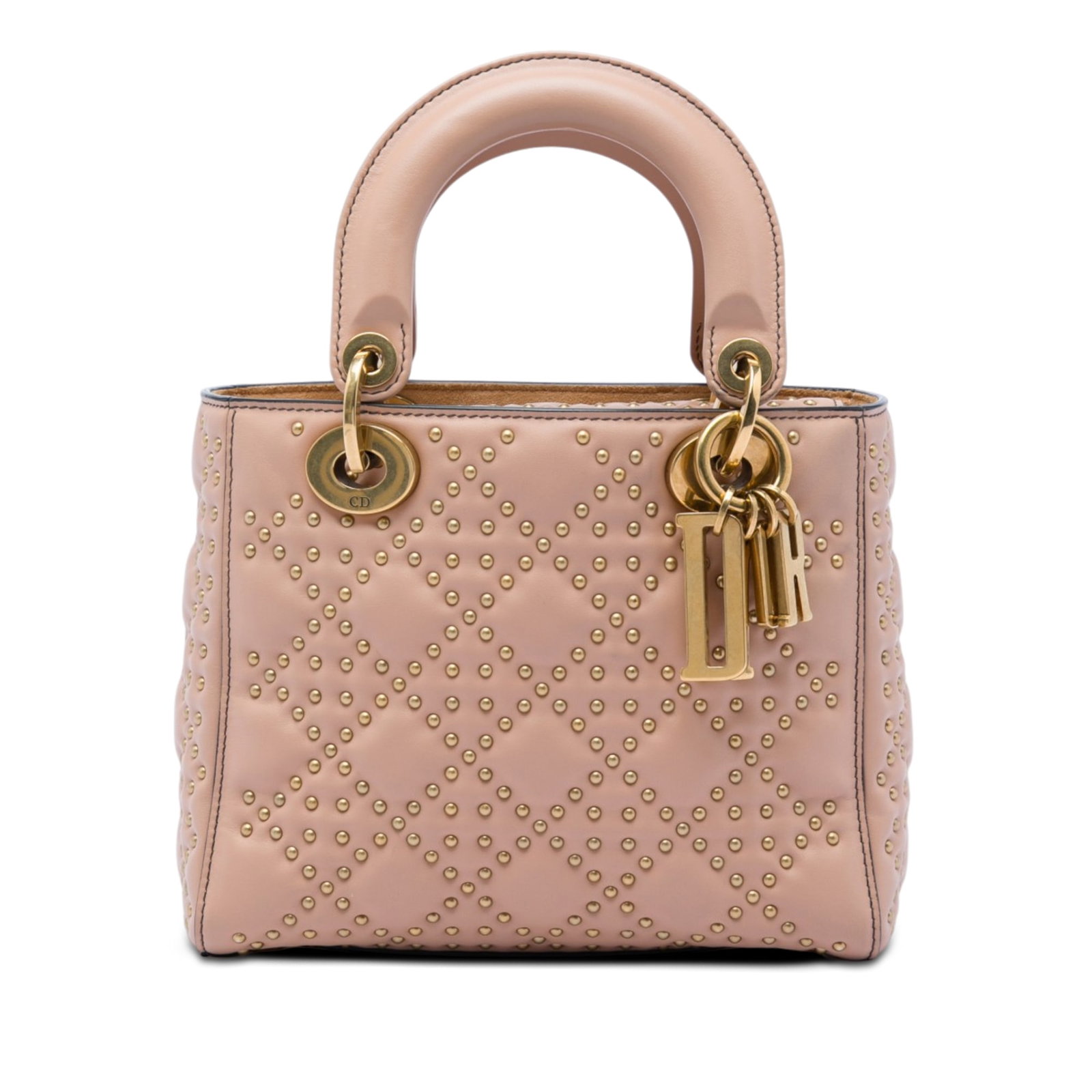 Dior Lady Dior Small Pink Lambskin Studded Satchel: Dior Lady Dior Small Pink Lambskin Studded Satchel A small Lady Dior satchel in pink lambskin leather with the Cannage pattern and studded detailing. This bag features flat leather top handles, a fold