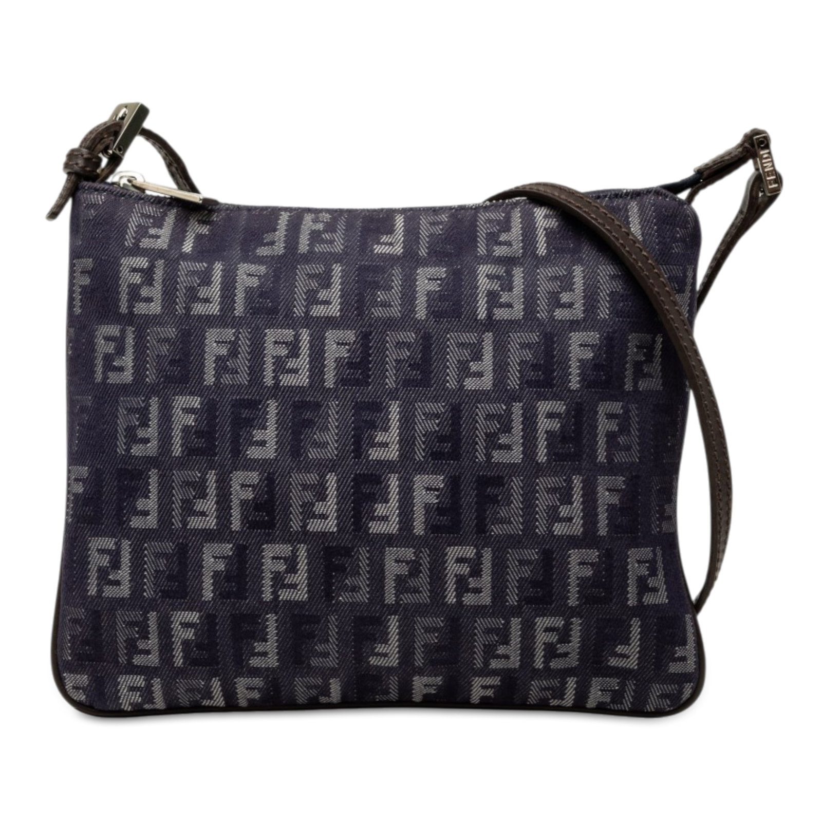 Fendi Zucchino Blue Denim Crossbody Bag with Leather Trim: Fendi Zucchino Blue Denim Crossbody Bag with Leather Trim Fendi Zucchino denim crossbody bag with leather trim and a flat leather strap. The bag features a top zip closure and an interior slip pocket.
