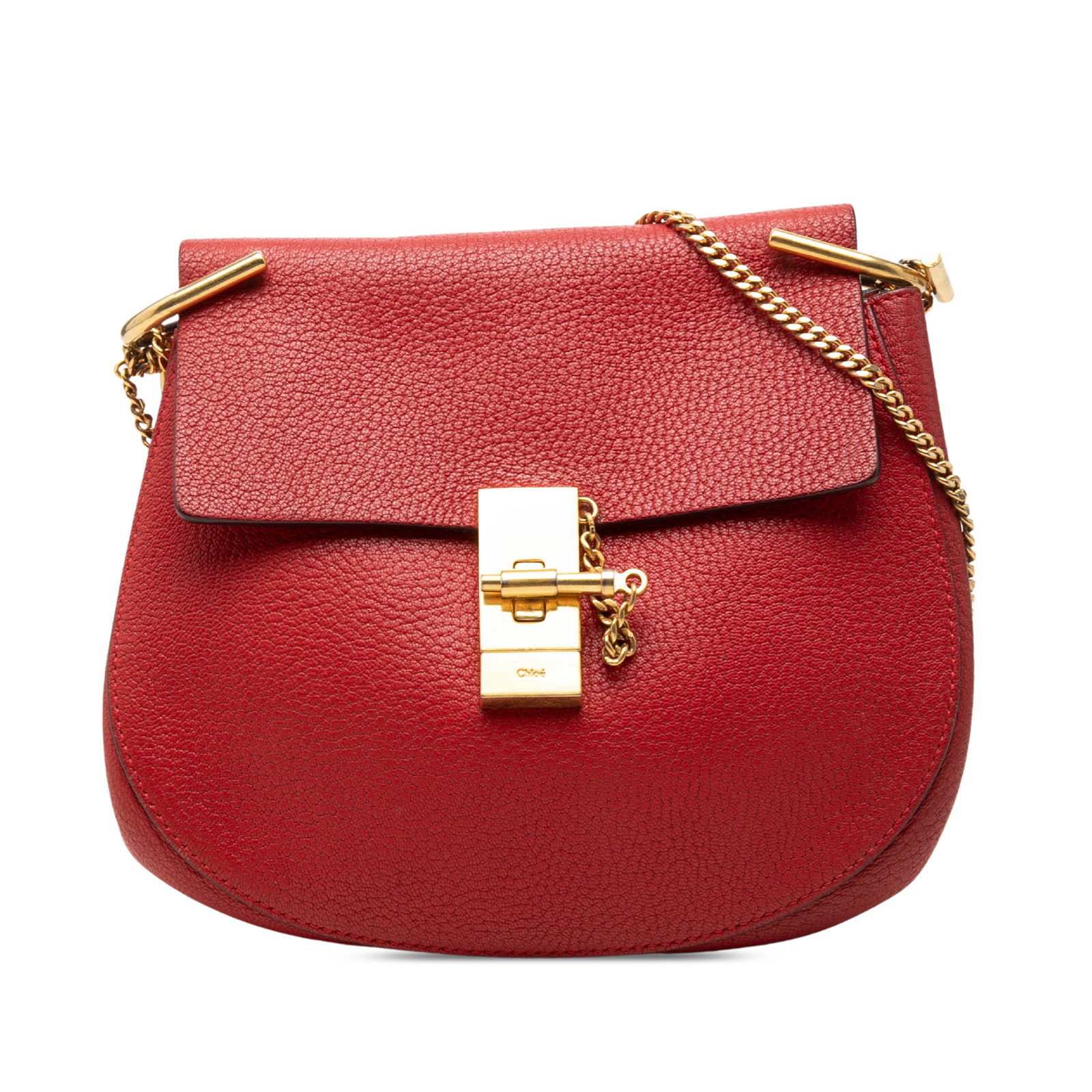 Chloe Drew Small Red Leather Crossbody Bag: Chloe Drew Small Red Leather Crossbody Bag Chloe Small Drew crossbody bag in red leather with a structured silhouette and signature pin-lock flap closure. It features a gold-tone chain link strap and 