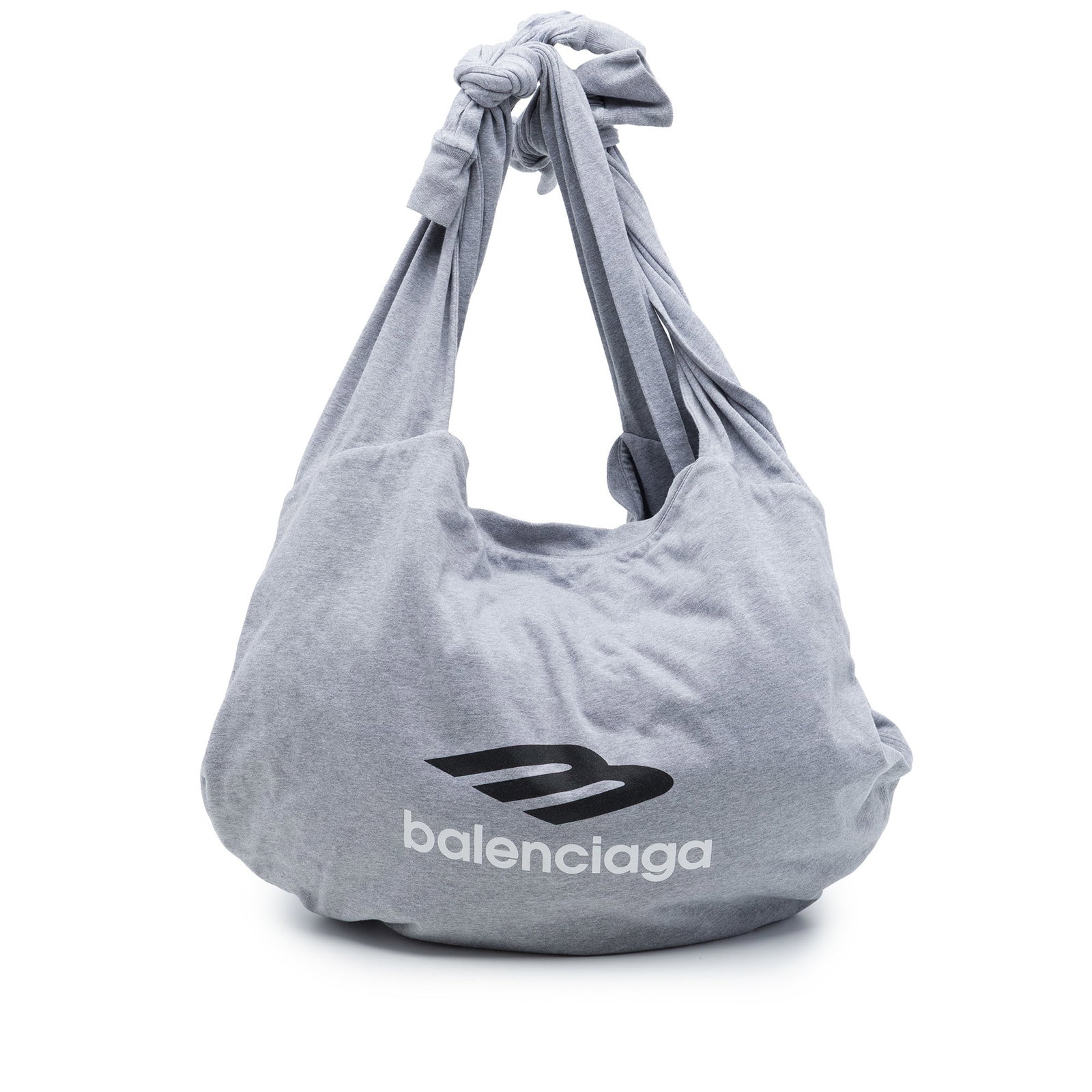 Balenciaga Jersey 3B Logo Fabric Hobo Bag Gray: Balenciaga Jersey 3B Logo Fabric Hobo Bag Gray Balenciaga Jersey 3B Logo Hobo bag crafted with a cotton fabric body. This hobo style features an adjustable flat knot strap, an open top, and an interio