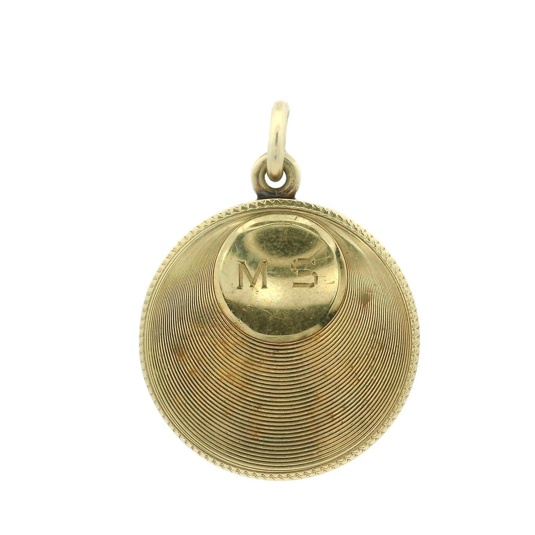 Vintage 14k Yellow Gold Round Locket Pendant with Engine Turned Design: Vintage 14k Yellow Gold Round Locket Pendant with Engine Turned Design Discover a timeless piece with this Vintage 14k Yellow Gold Round Engine Turned Pattern Locket Pendant. Crafted from solid 14k ye