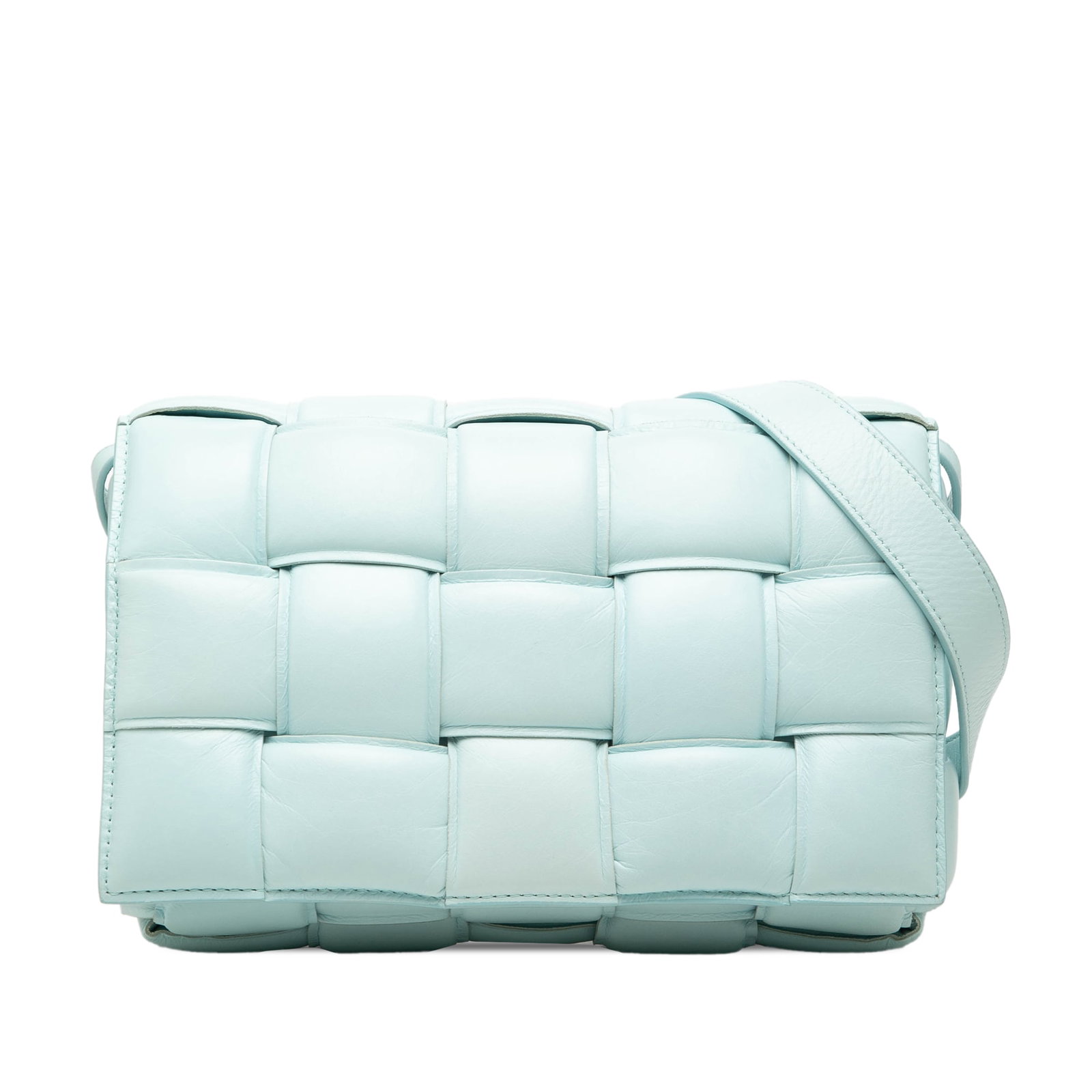 Blue Leather Crossbody Bottega Veneta Padded Cassette Intrecciato: Blue Leather Crossbody Bottega Veneta Padded Cassette Intrecciato A Bottega Veneta Padded Cassette crossbody bag crafted in woven nappa leather with an adjustable flat leather strap, front flap with c