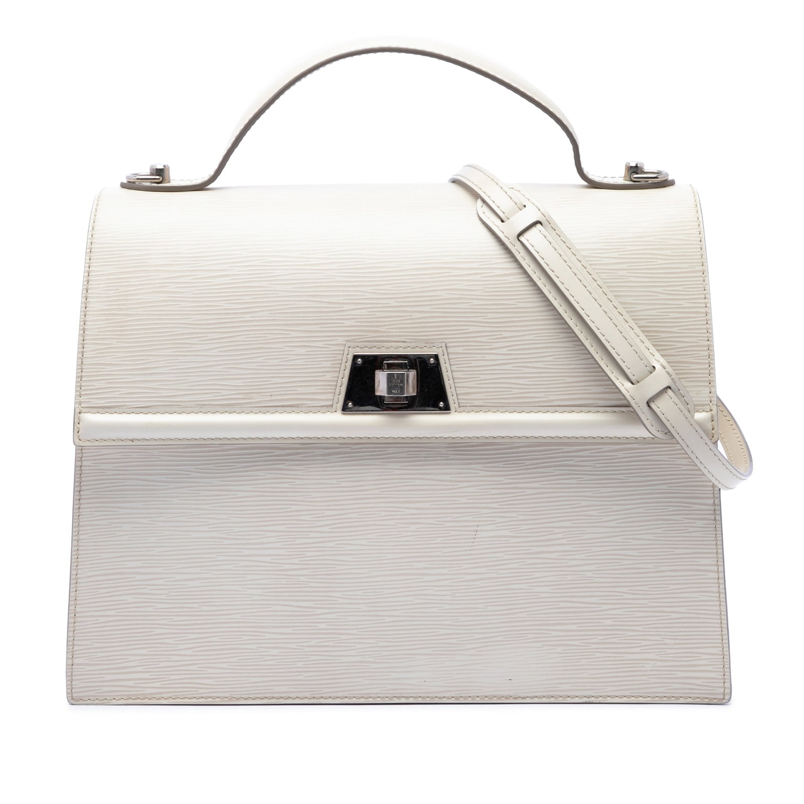 Louis Vuitton Sevigne GM Epi Leather Satchel White: Louis Vuitton Sevigne GM Epi Leather Satchel White Louis Vuitton Epi Sevigne GM satchel crafted in white leather with a structured design. It features a flat top handle, a detachable flat leather stra