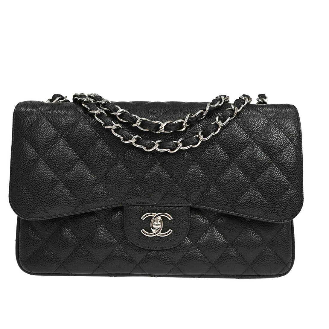 CHANEL Classic Double Flap Jumbo Shoulder Bag Black Caviar Leather: CHANEL Classic Double Flap Jumbo Shoulder Bag Black Caviar Leather Vintage Chanel Jumbo Classic Double Flap shoulder bag in black caviar skin leather with a turn-lock closure and red lining. This larg