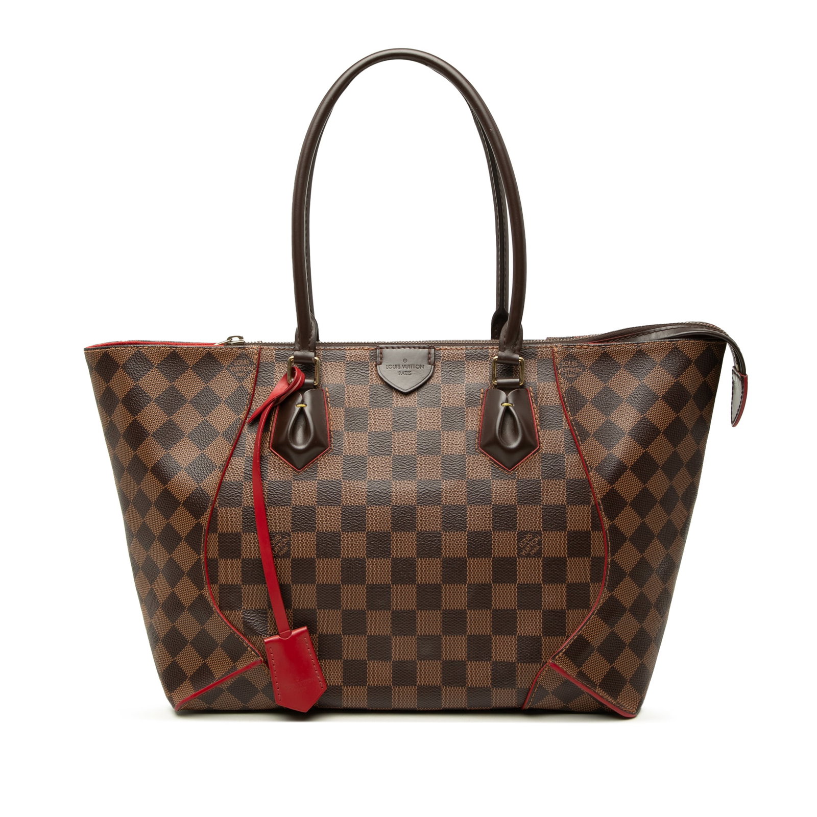 Louis Vuitton Caissa MM Damier Ebene Brown Handbag: Louis Vuitton Caissa MM Damier Ebene Brown Handbag The Louis Vuitton Damier Ebene Caissa MM is a structured handbag with a damier canvas body, rolled leather handles, a top zip closure, and interior s