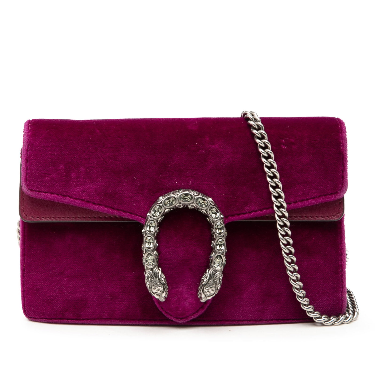 Gucci Dionysus Mini Crossbody Bag in Purple Velvet: Gucci Dionysus Mini Crossbody Bag in Purple Velvet A compact Gucci Dionysus crossbody crafted with a purple velvet body and leather trim. It features a silver-tone chain link strap and a top flap with