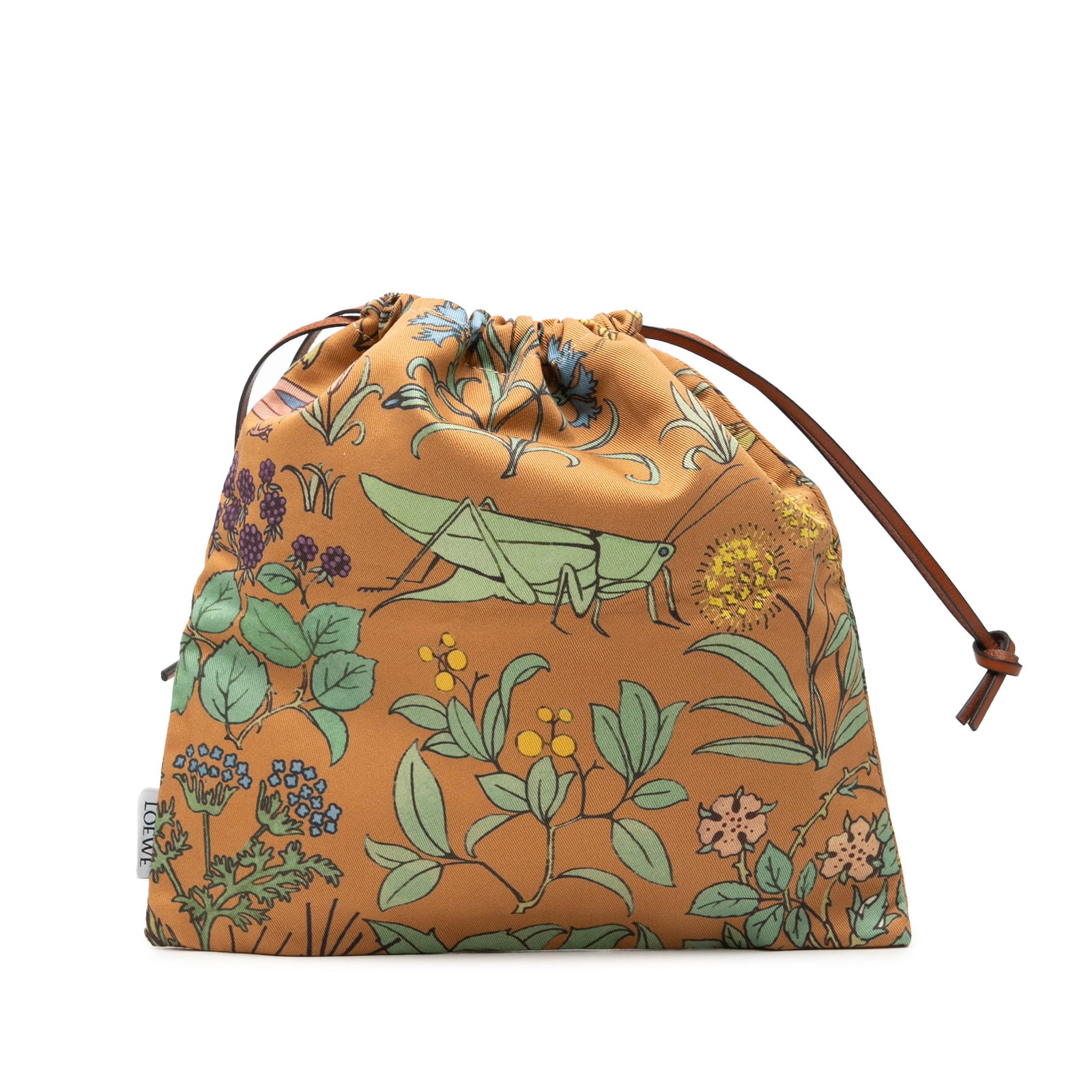LOEWE Floral Print Canvas Drawstring Pouch Bag: LOEWE Floral Print Canvas Drawstring Pouch Bag LOEWE drawstring pouch in printed canvas with a floral design. This pouch is made in Portugal and features an orange fabric exterior with a drawstring cl