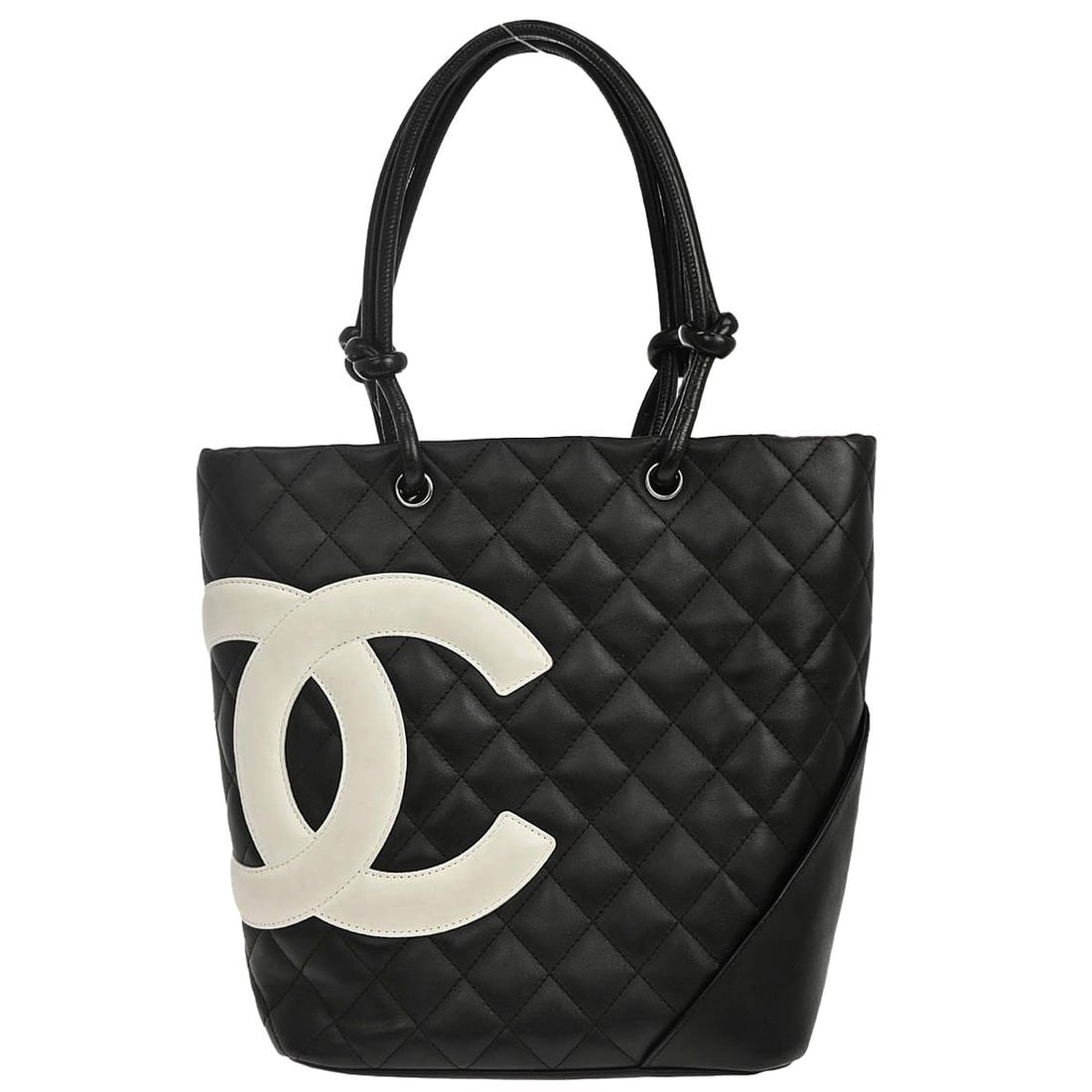 CHANEL Cambon Ligne Black Calfskin Tote Bag: CHANEL Cambon Ligne Black Calfskin Tote Bag Chanel Cambon Ligne tote handbag in black calfskin leather with a quilted logo design and pink canvas lining. This medium tote features double handles, silv