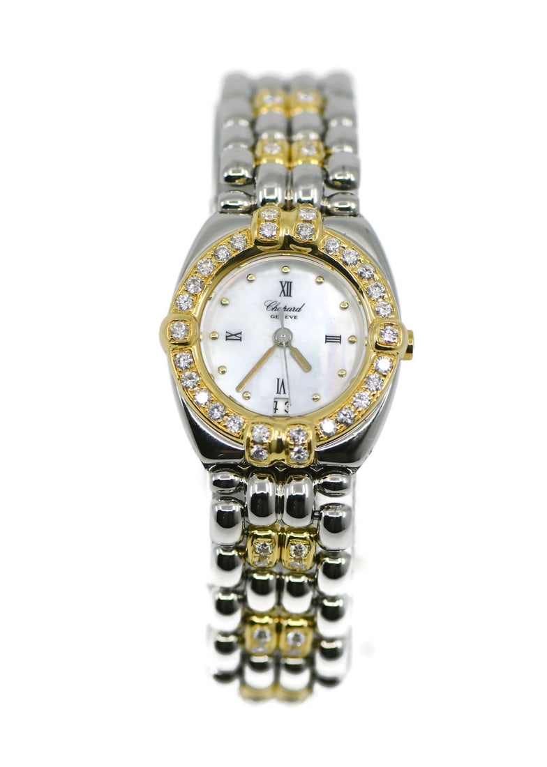 Chopard Gstaad Womens Quartz Wristwatch 18K Stainless Steel Ref 32 8116: Chopard Gstaad Womens Quartz Wristwatch 18K Stainless Steel Ref 32 8116 Chopard Gstaad wristwatch with a quartz movement, analog display, and Roman numeral indices. This women's watch features a stain