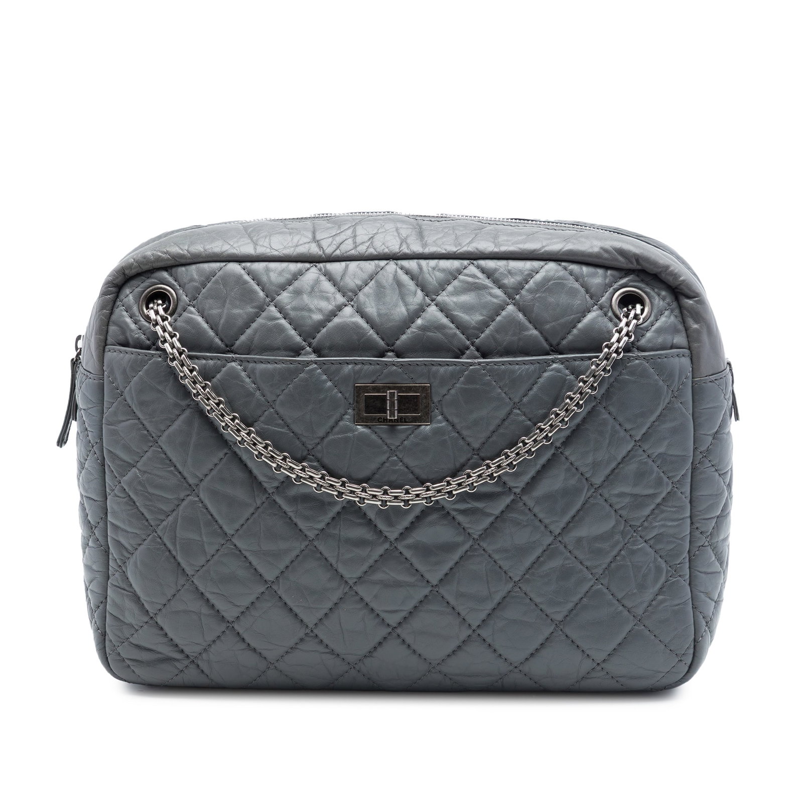 Chanel Reissue 2.55 Large Camera Bag in Gray Quilted Calfskin: Chanel Reissue 2.55 Large Camera Bag in Gray Quilted Calfskin A Chanel Large Quilted Calfskin Reissue 2.55 camera bag in gray leather with a quilted body and silver-tone chain shoulder straps. The des