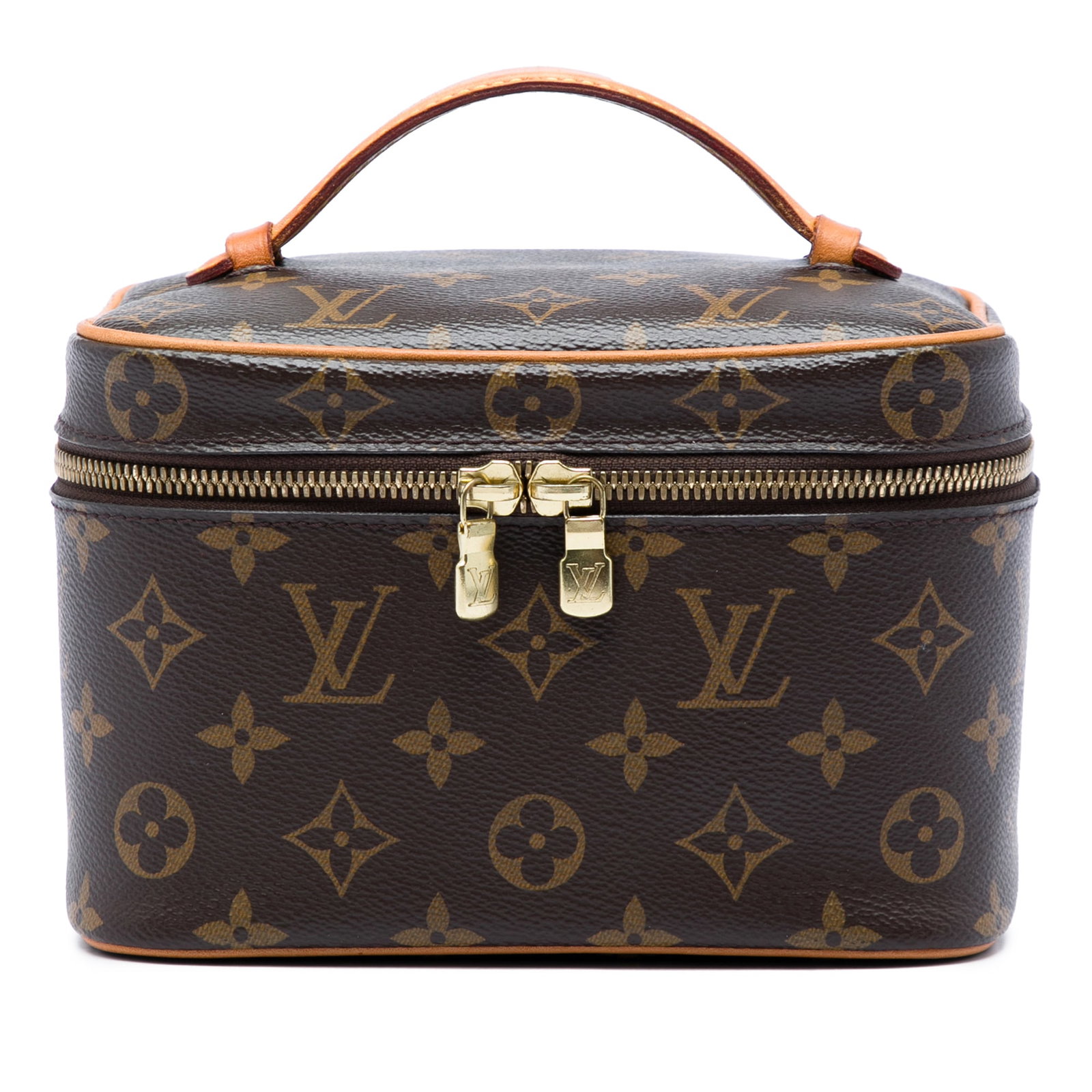 Louis Vuitton Nice Mini Monogram Vanity Bag: Louis Vuitton Nice Mini Monogram Vanity Bag Compact Louis Vuitton Nice Mini Vanity Case in Monogram canvas with vachetta leather trim and a flat top handle. The case features a zip-around closure and 