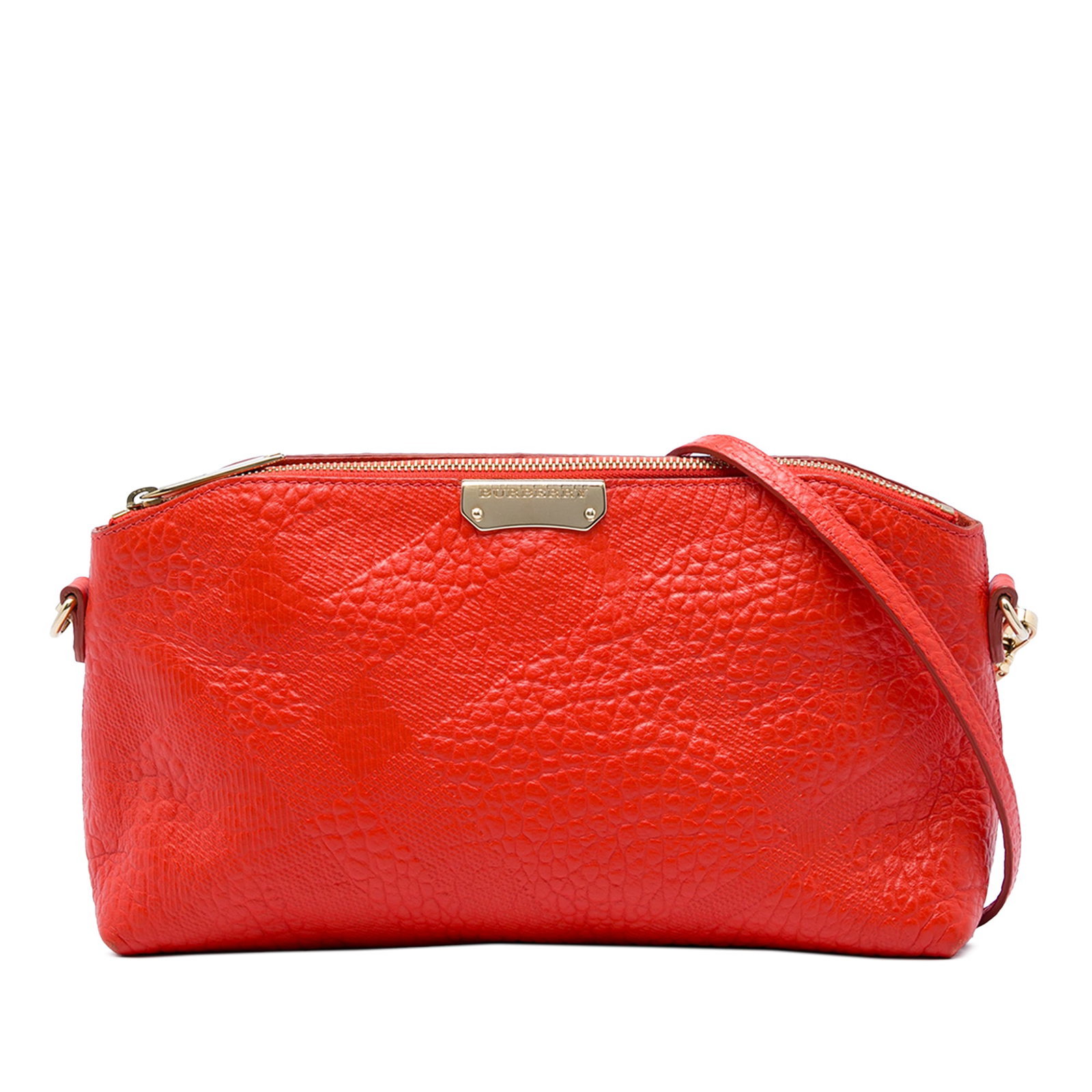 Burberry Chichester Red Leather Crossbody Bag Grain Check Embossed: Burberry Chichester Red Leather Crossbody Bag Grain Check Embossed A Burberry Chichester crossbody bag crafted in red grain check embossed leather. This crossbody style features an adjustable flat str