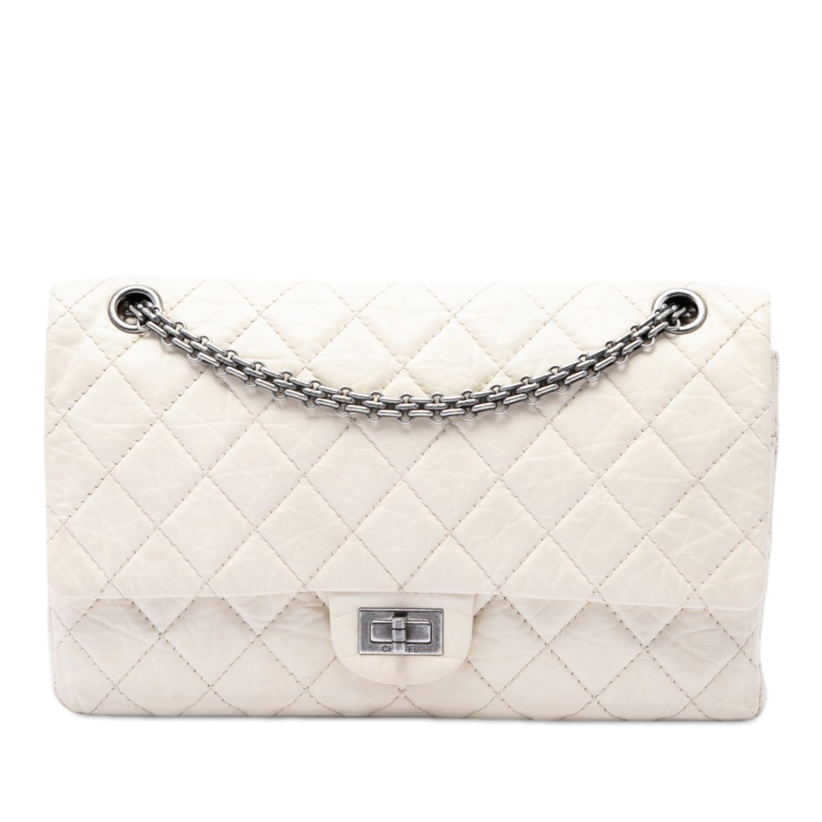 Chanel Reissue 2.55 226 Quilted Aged Calfskin Double Flap Bag: Chanel Reissue 2.55 226 Quilted Aged Calfskin Double Flap Bag A Chanel Reissue 2.55 Double Flap 226 crafted in white quilted aged calfskin. This shoulder bag features chain link shoulder straps, doubl