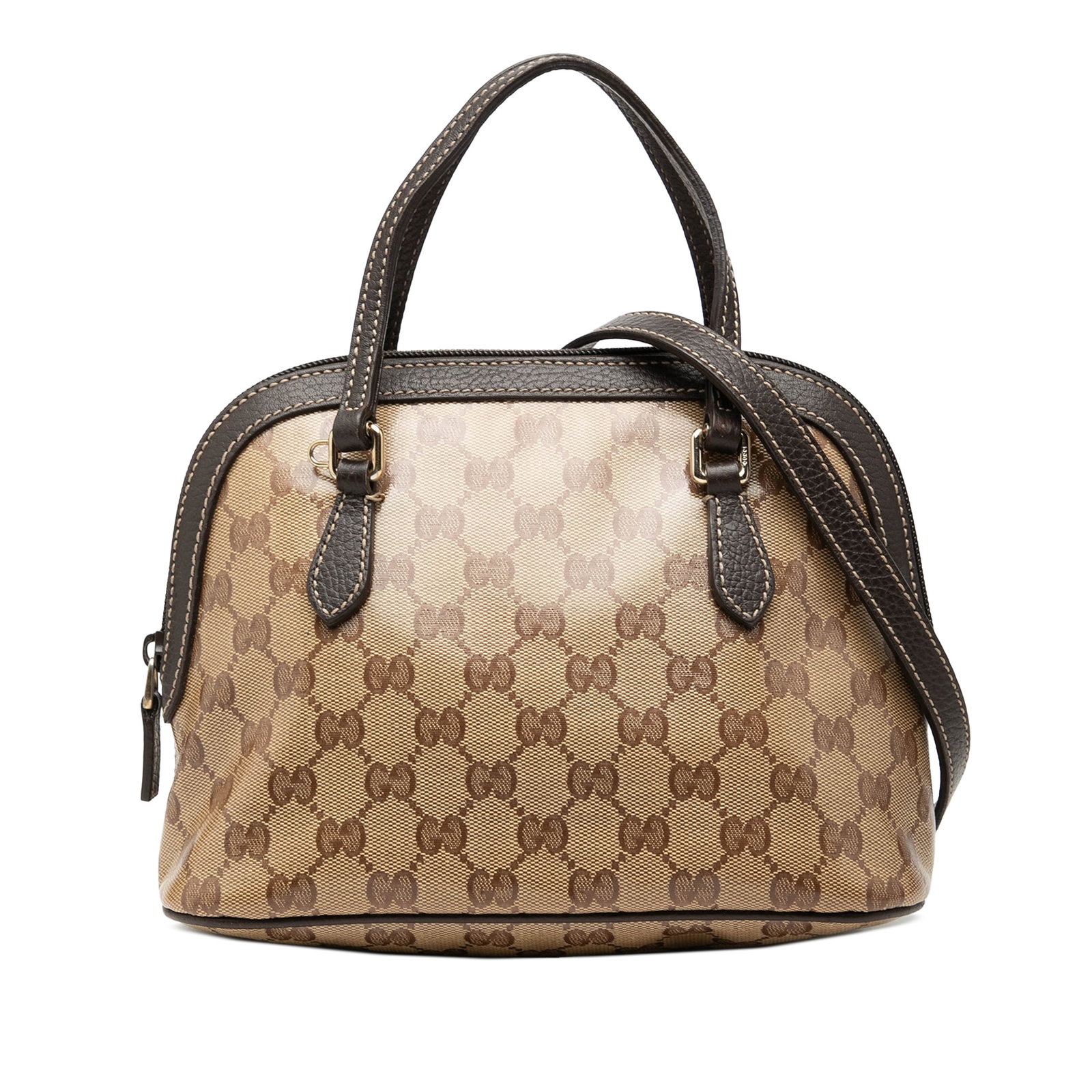 Gucci Mini GG Crystal Dome Bag Beige Coated Canvas: Gucci Mini GG Crystal Dome Bag Beige Coated Canvas A compact Gucci Mini GG Crystal Dome Satchel in beige with a coated canvas body and leather trim. It features flat leather handles, a detachable flat