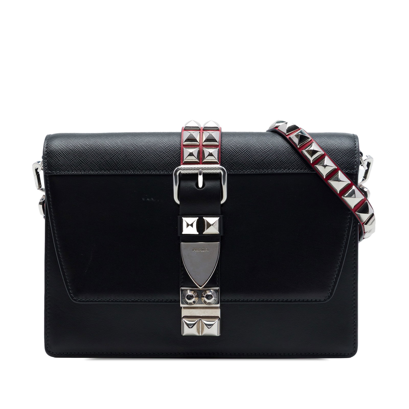 Prada Elektra Studded Leather Flap Crossbody Bag Black: Prada Elektra Studded Leather Flap Crossbody Bag Black Prada Elektra crossbody bag crafted in city calfskin and Saffiano leather with stud detailing. The design features a studded leather strap, a top