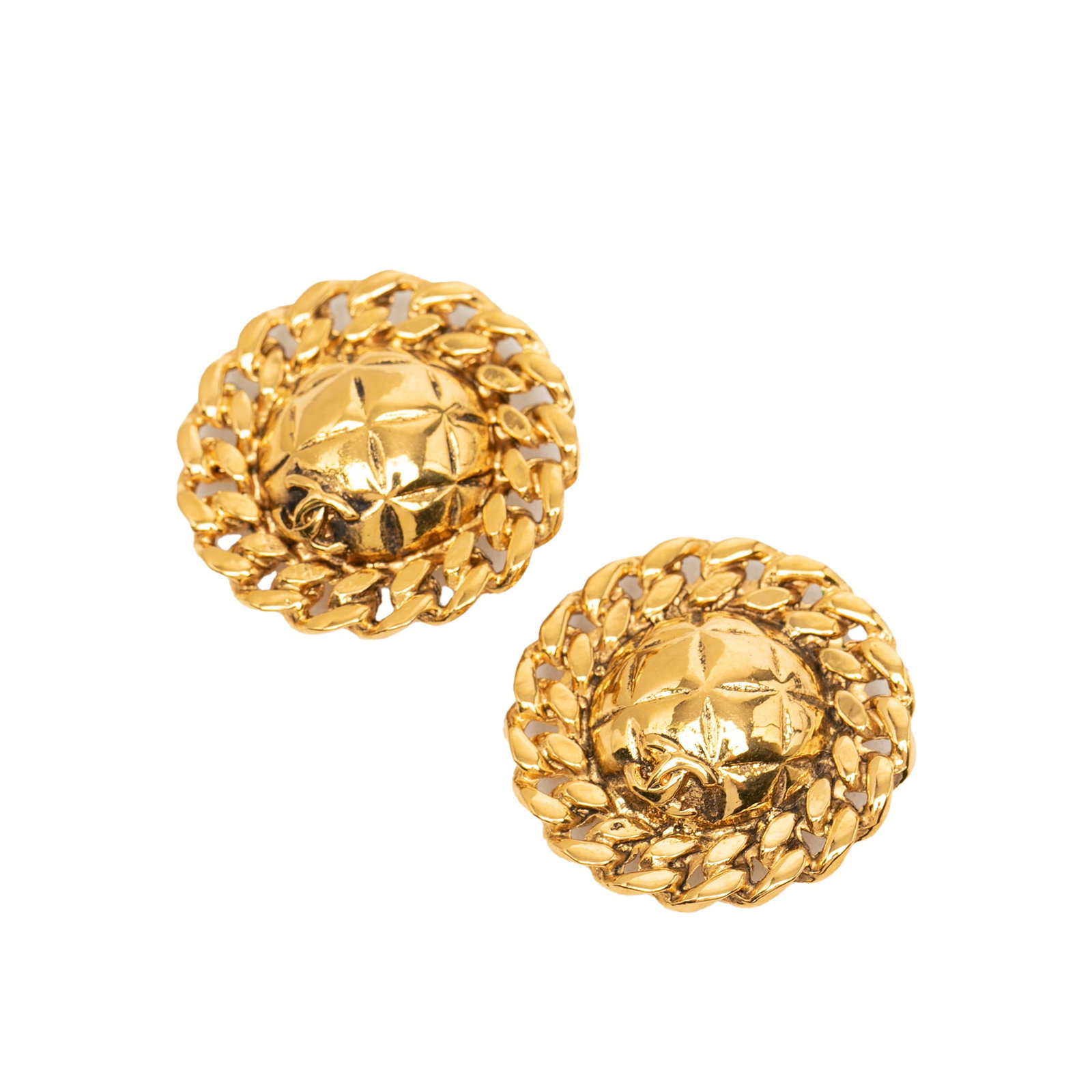 Chanel CC Clip On Earrings Gold Tone Quilted Chain Trim: Chanel CC Clip On Earrings Gold Tone Quilted Chain Trim Chanel clip-on earrings with a quilted CC design and chain trim in gold-tone metal. This costume jewelry pair is made in France and shows visibl