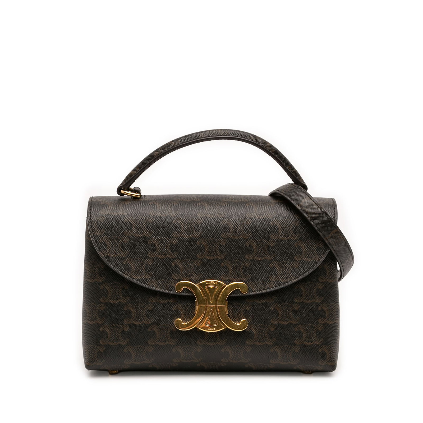 Celine Teen Triomphe Nino Satchel in Brown Coated Canvas: Celine Teen Triomphe Nino Satchel in Brown Coated Canvas Celine Teen Triomphe Coated Canvas Nino Bag with a structured satchel design, featuring a coated canvas body, flat leather top handle, detachab