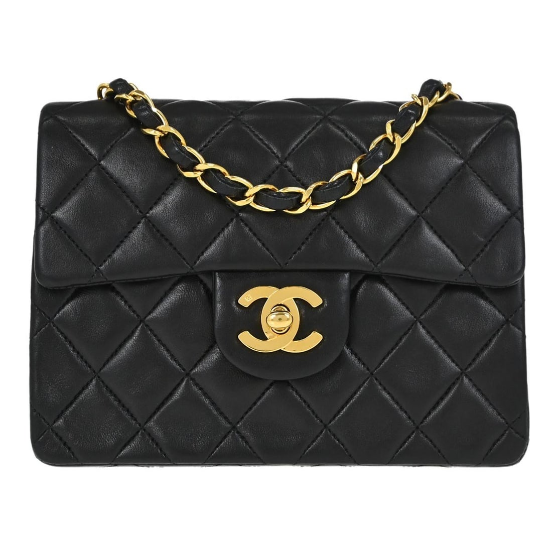 CHANEL Classic Flap Mini Square Lambskin Shoulder Bag Black: CHANEL Classic Flap Mini Square Lambskin Shoulder Bag Black Chanel Mini Classic Square Flap shoulder bag in black lambskin leather with matelasse quilting and a flap turnlock closure. This small women