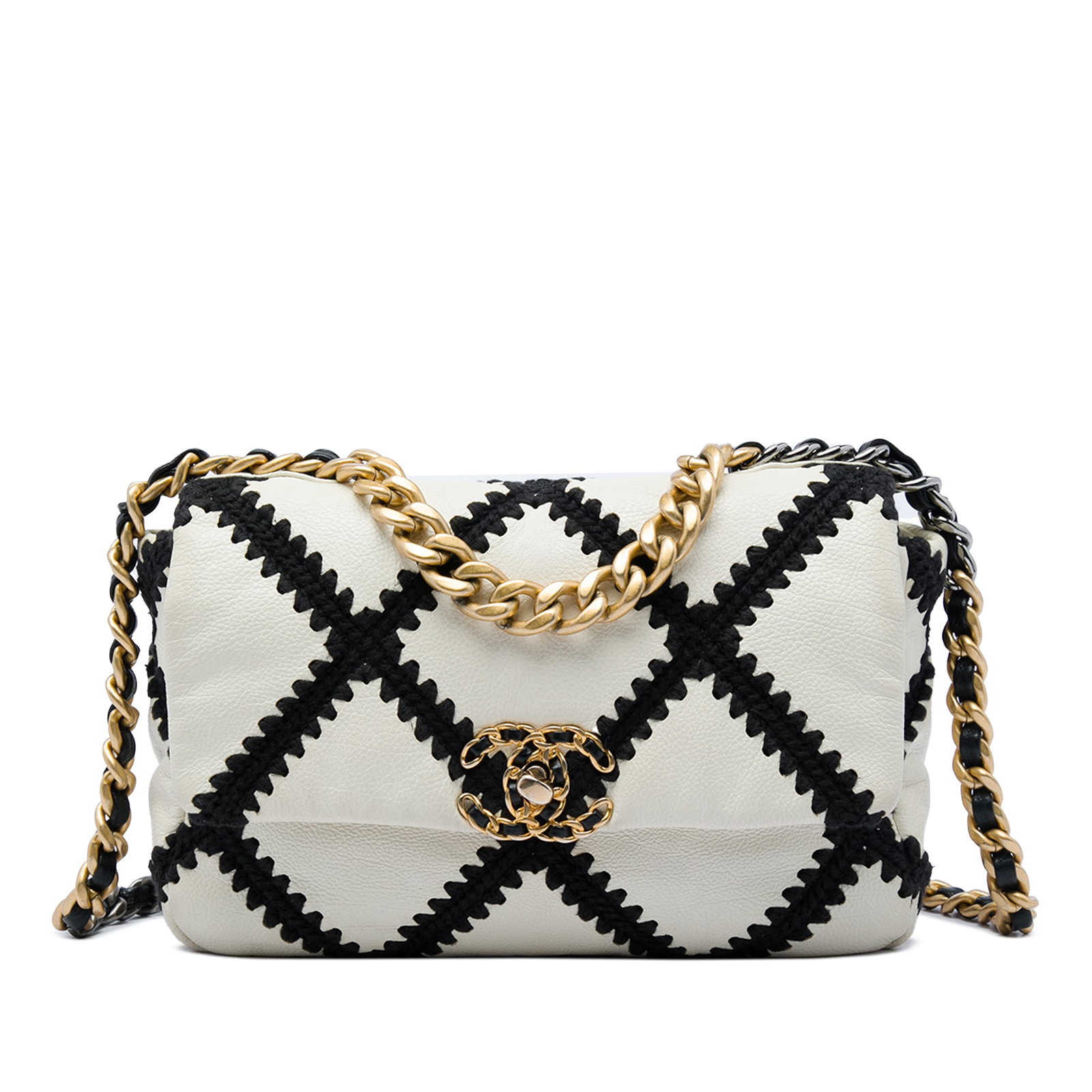 Chanel 19 Flap Medium White Calfskin Crochet Shoulder Bag: Chanel 19 Flap Medium White Calfskin Crochet Shoulder Bag A Chanel Medium 19 Flap bag crafted in white quilted calf leather with crochet stitching details. This flap style features a curb chain handle