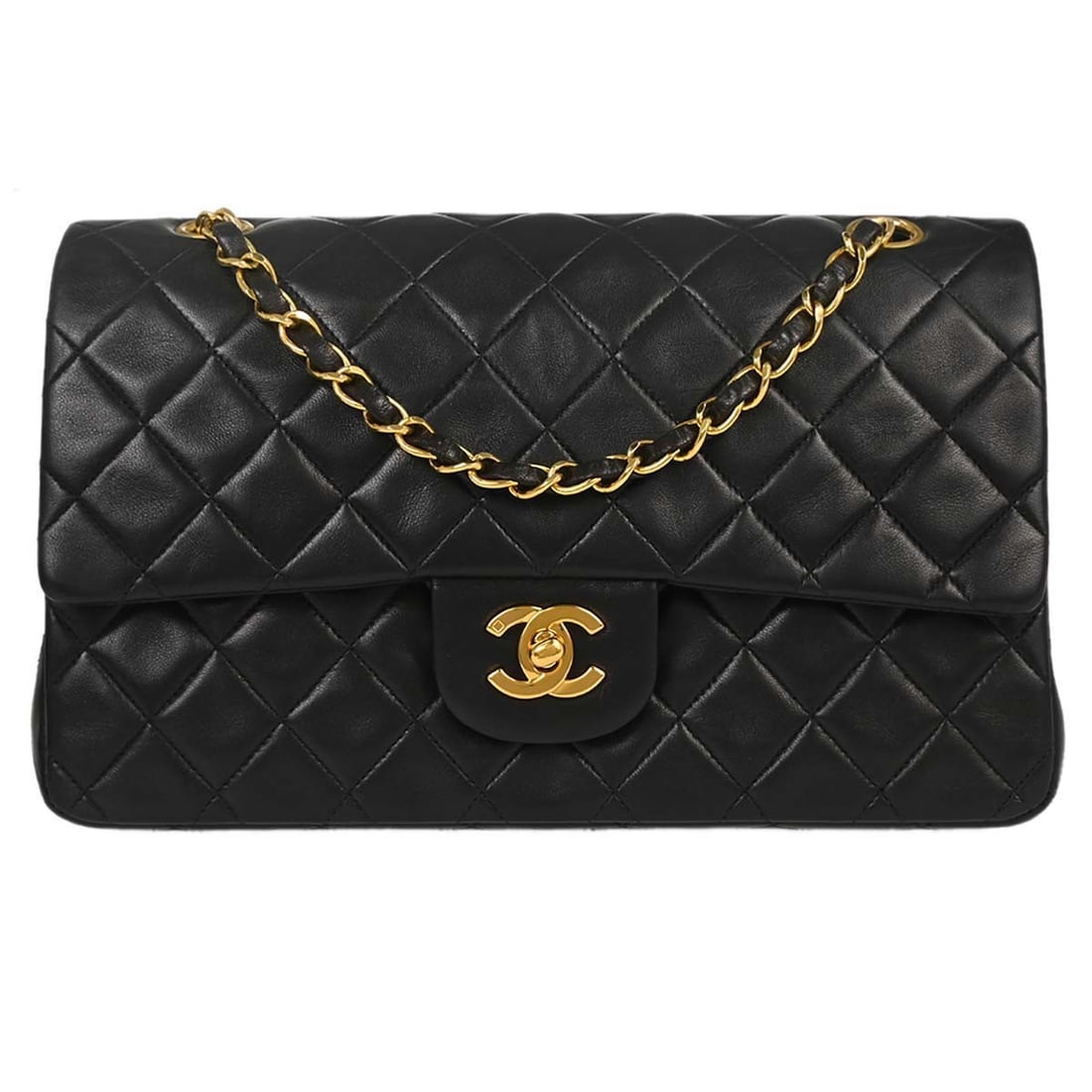 CHANEL Classic Double Flap Medium Shoulder Bag Black Lambskin: CHANEL Classic Double Flap Medium Shoulder Bag Black Lambskin Chanel Medium Classic Double Flap shoulder bag in black lambskin leather with a turn-lock closure and shoulder strap. This women's bag fea