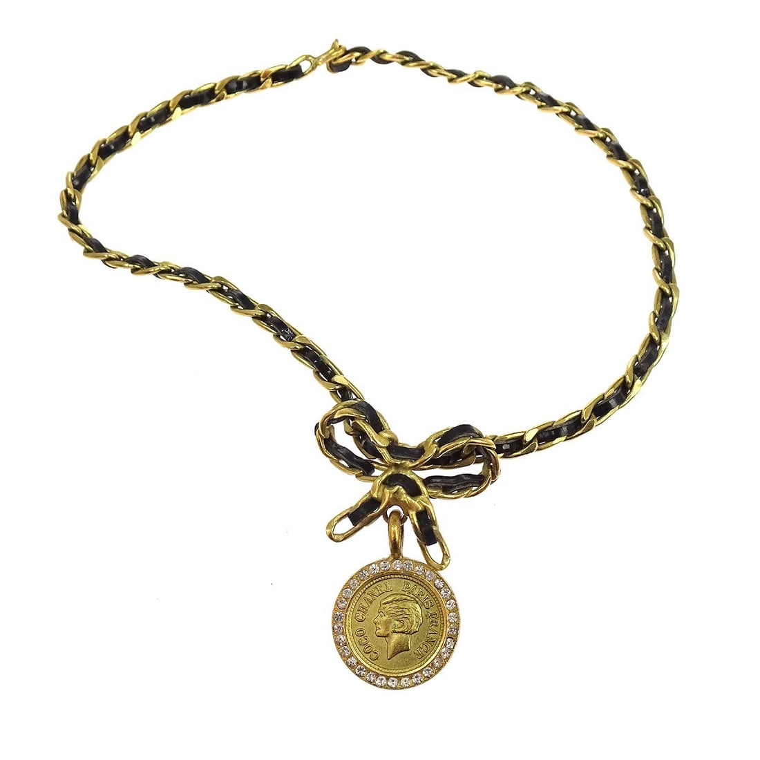 CHANEL 95P Bow Medallion Choker Necklace Gold Plated Black Rhinestone (1 of 4)